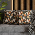 Square Pillowcase - Whimsical cat and kitten garden party, various cat breeds amidst green foliage and pink flowers, charming animal illustration, dark forest green background, playful and natural art
