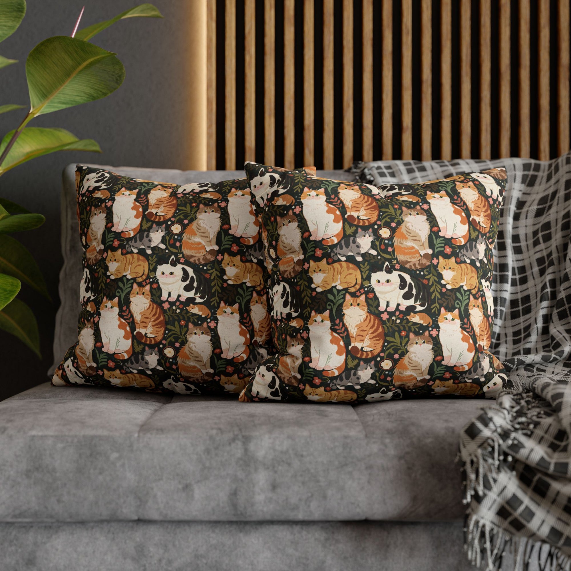 Square Pillowcase - Whimsical cat and kitten garden party, various cat breeds amidst green foliage and pink flowers, charming animal illustration, dark forest green background, playful and natural art
