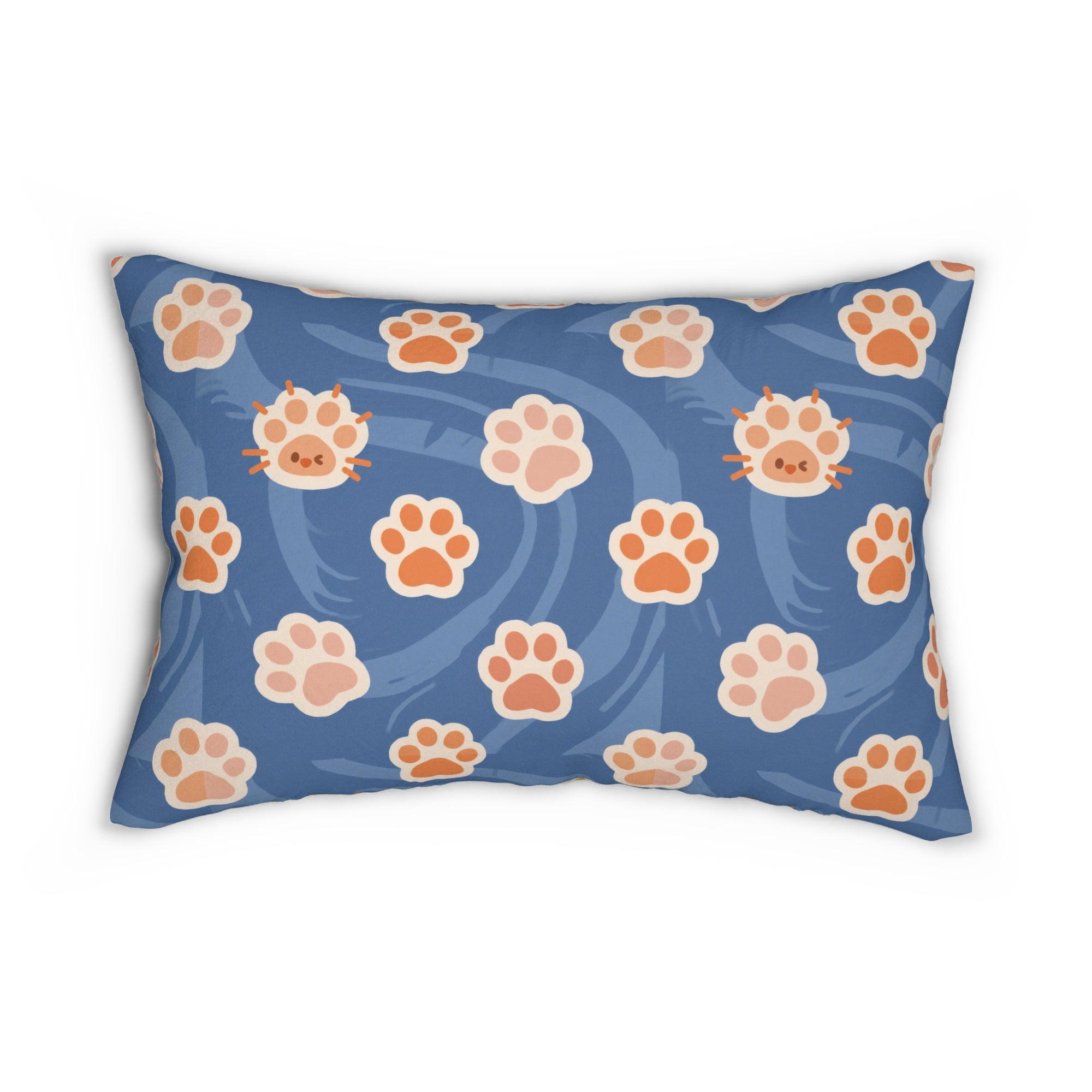 Indoor Lumbar Pillow - Adorable ginger cat with bright green eyes, sparkling gold yarn and paw prints, classic tabby cat illustration, cream background, cute and charming pet themed art