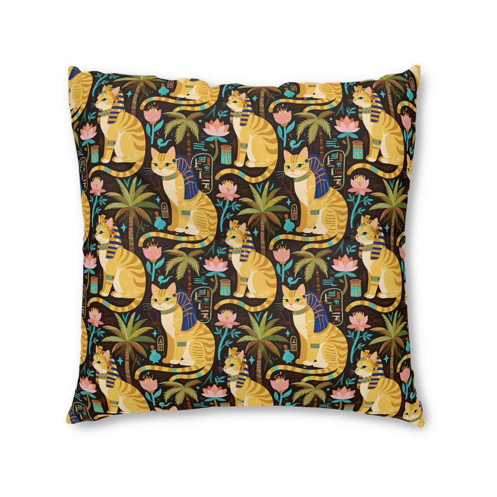 Indoor Square Floor Pillow - Golden Egyptian Cats with Pharaonic Headpieces Amidst Lush Palms and Lotus Flowers in an Exotic and Vibrant Scene