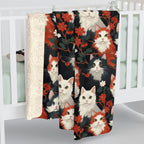 Sherpa Blanket - A detailed and ornate Victorian-style pattern featuring a tight grouping of fluffy cats of various colors surrounded by black and red flowers and leaves.