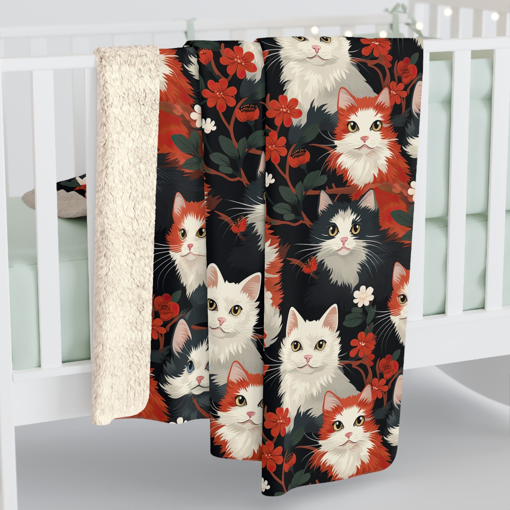 Sherpa Blanket - A detailed and ornate Victorian-style pattern featuring a tight grouping of fluffy cats of various colors surrounded by black and red flowers and leaves.