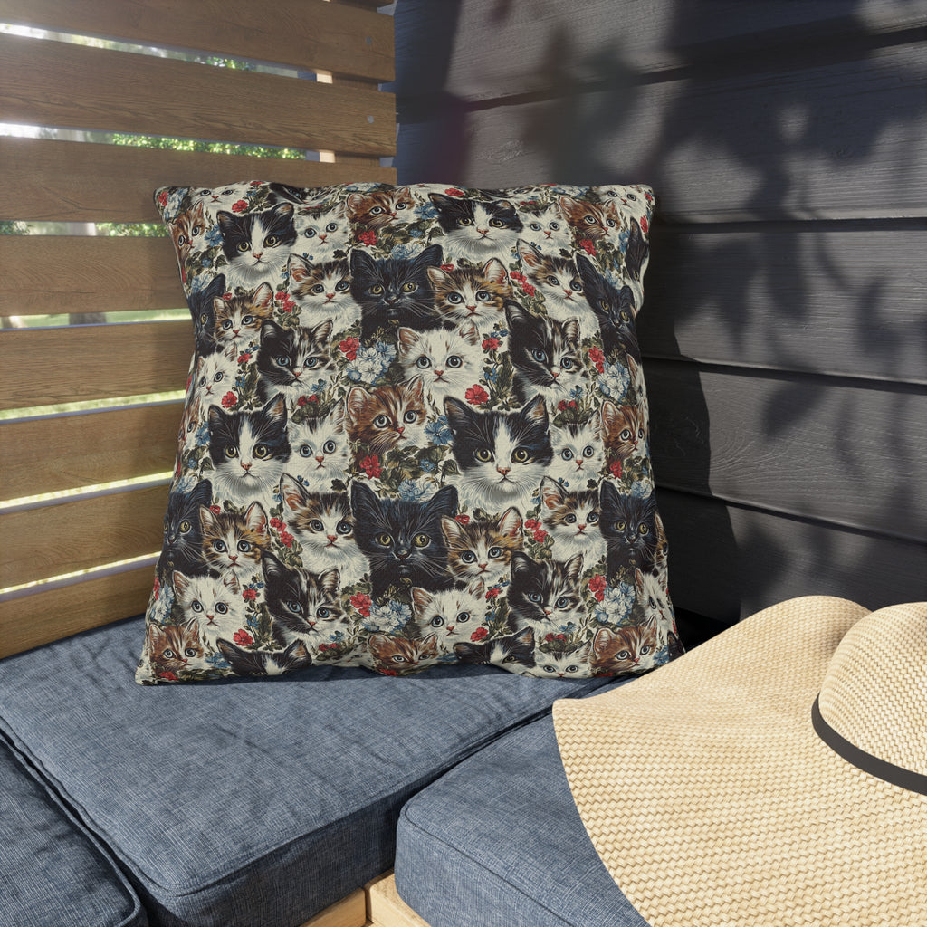 Outdoor Pillow - Colorful Kitten Faces with Red and Blue Flowers, Whimsical and Bright, Pattern Design