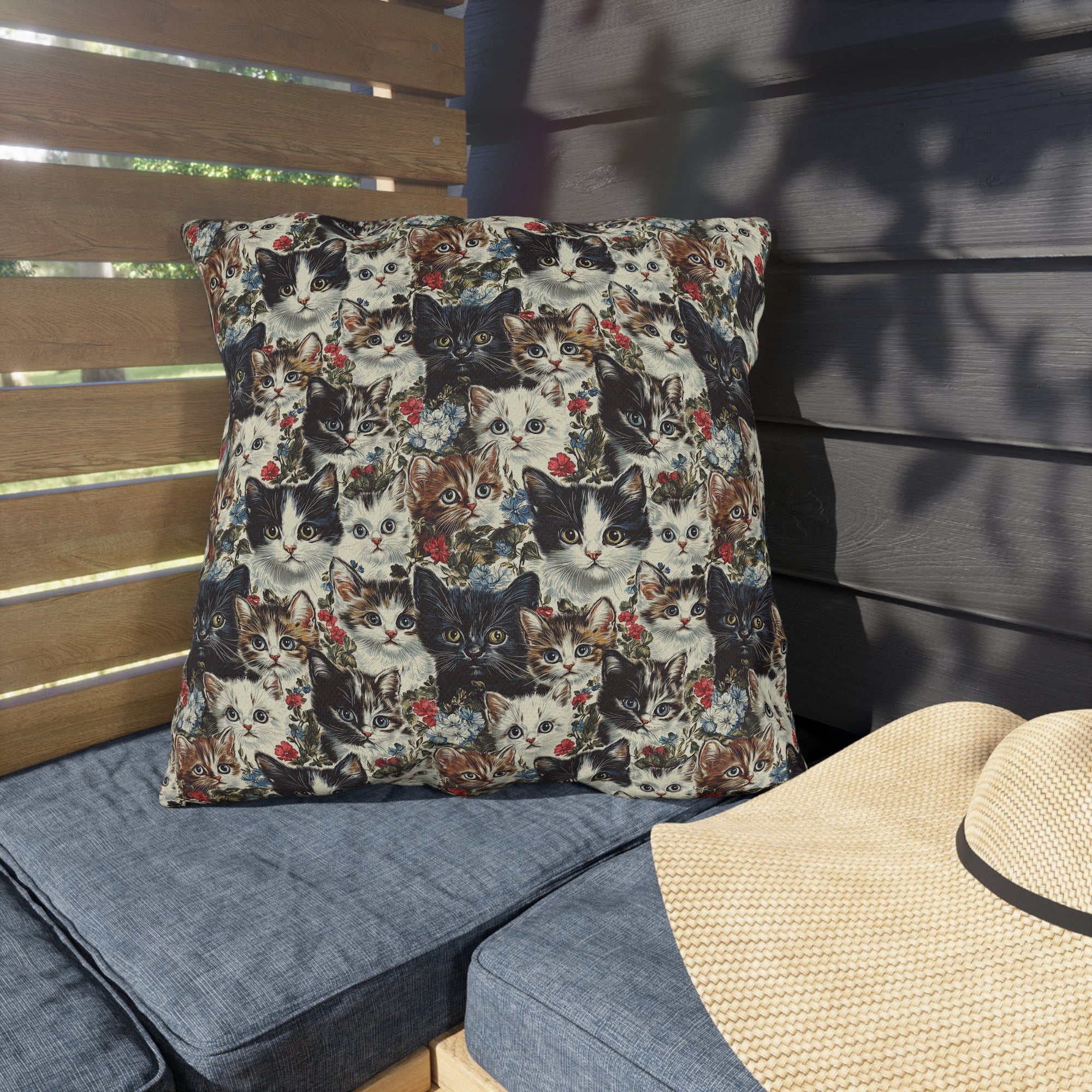 Outdoor Pillow - Colorful Kitten Faces with Red and Blue Flowers, Whimsical and Bright, Pattern Design