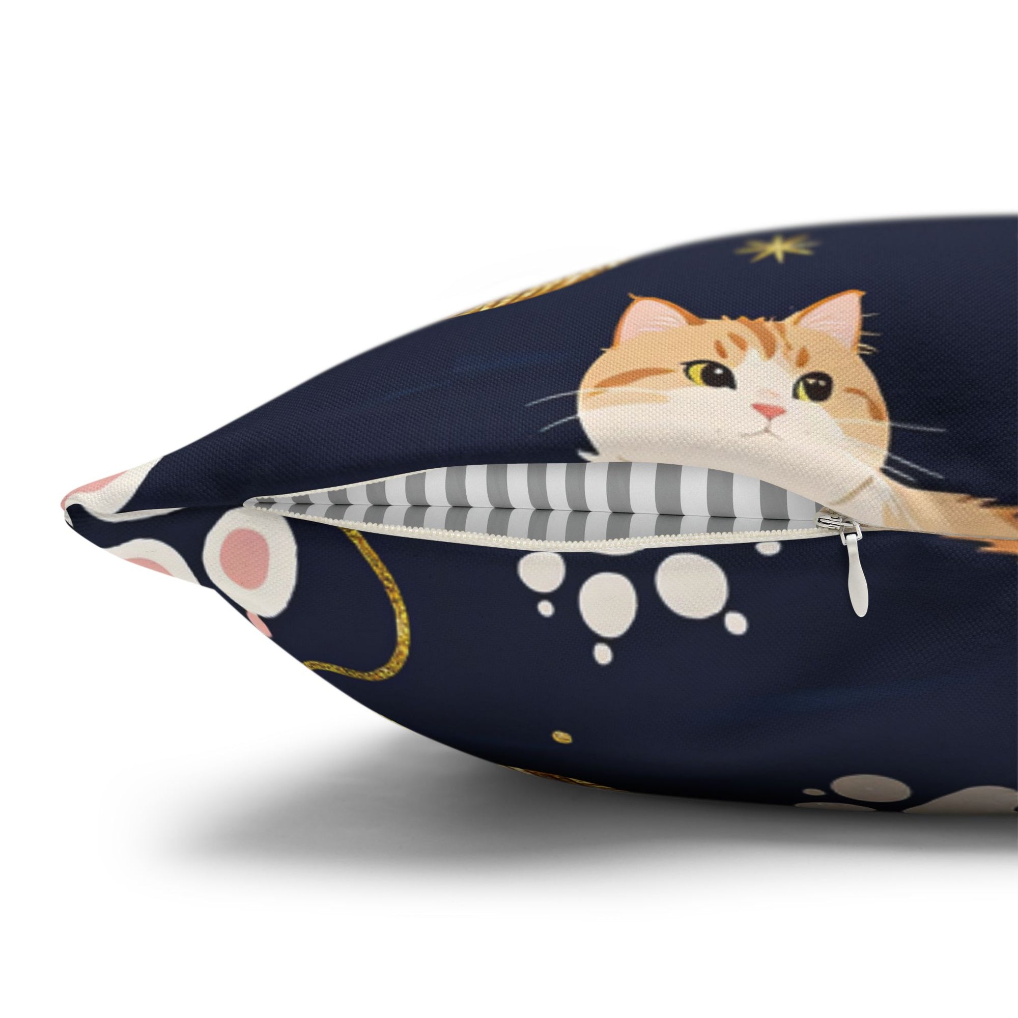 Square Pillowcase - Charming cats and golden yarn playful design, cute kittens with paw prints, whimsical animal art for cat lovers, dark blue background, delightful pet themed illustration