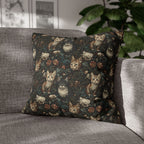 Square Pillowcase - Brown Tabby Kittens Among Dark Green and Peach Floral Vines, Moody Vintage Style