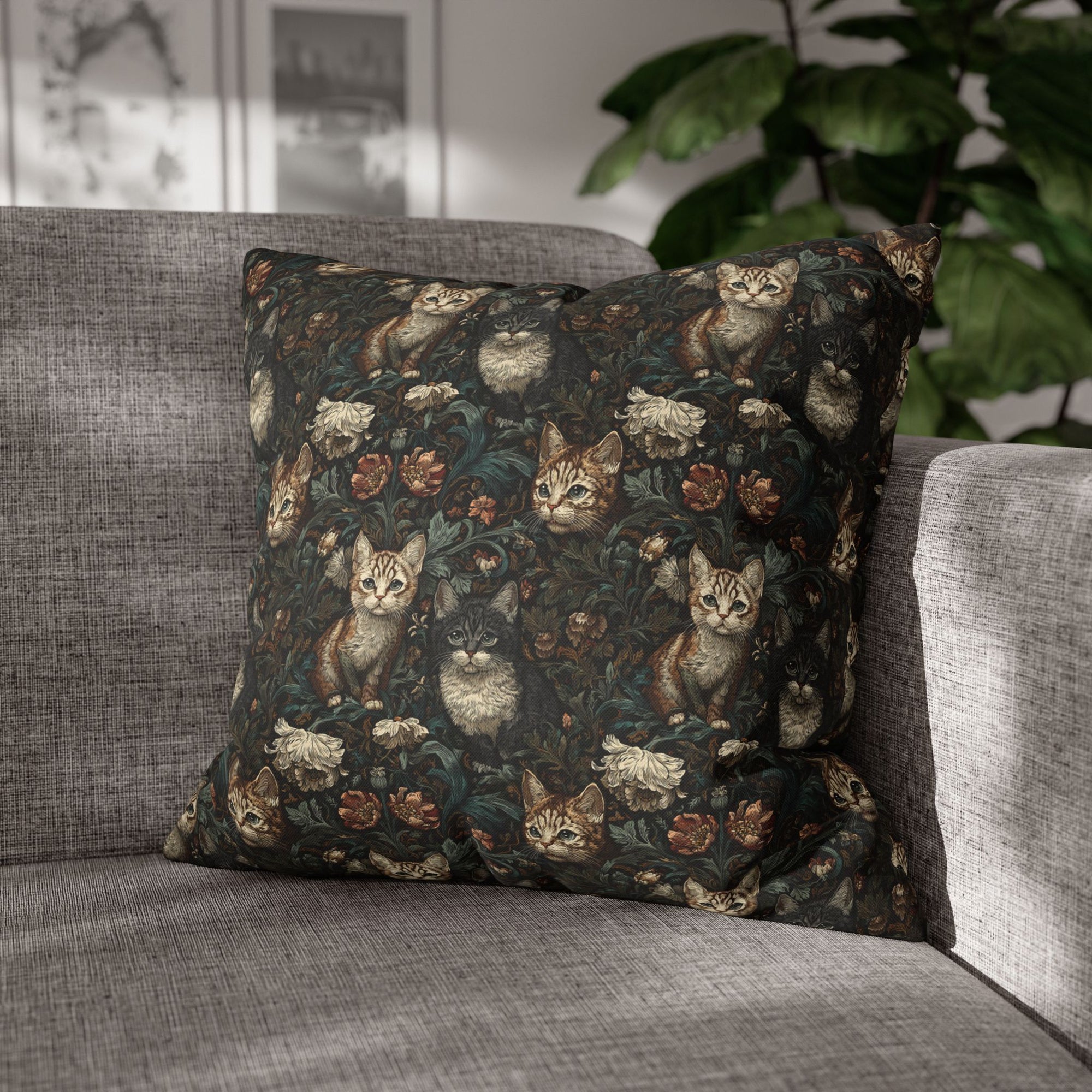 Square Pillowcase - Brown Tabby Kittens Among Dark Green and Peach Floral Vines, Moody Vintage Style