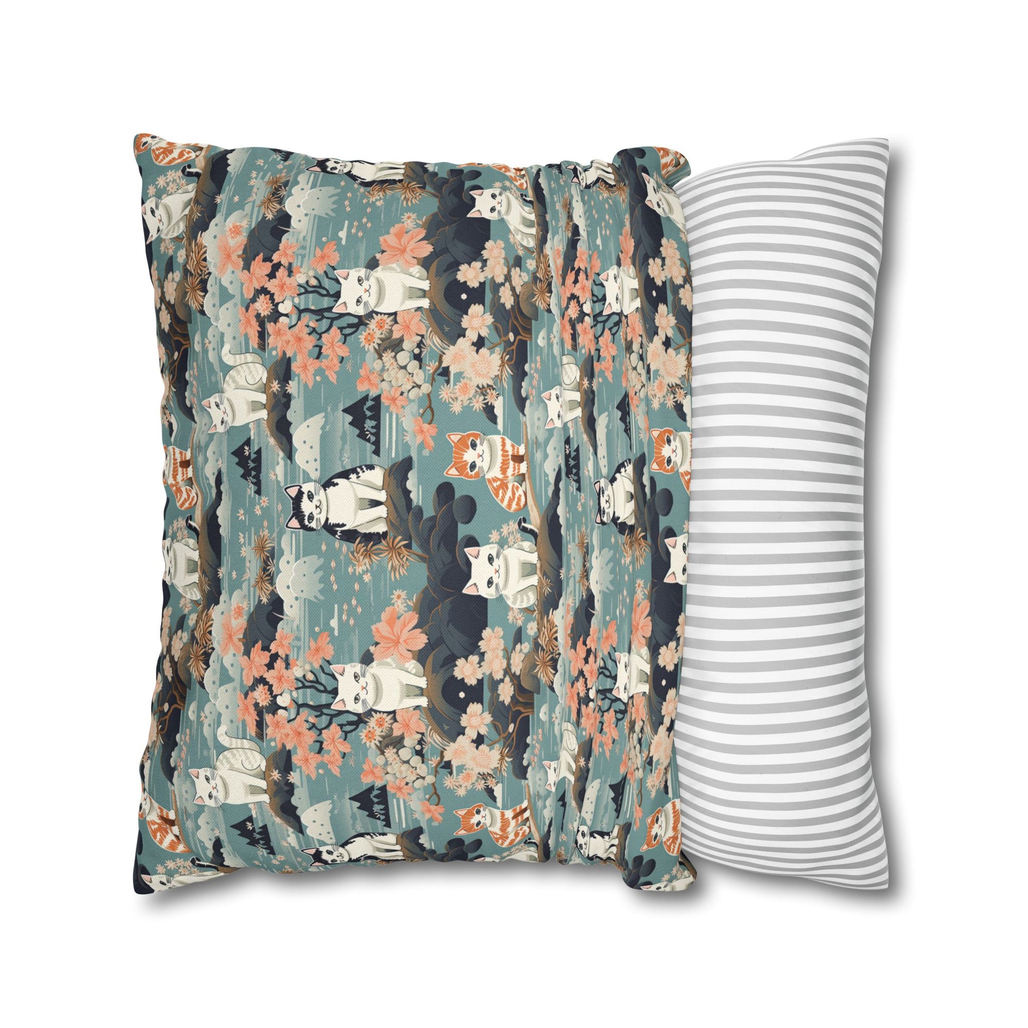 Square Pillowcase - A serene watercolor painting of fluffy cats lounging on rocks, surrounded by cherry blossoms and blue water, in a tranquil, nature-filled, Japanese-inspired landscape.