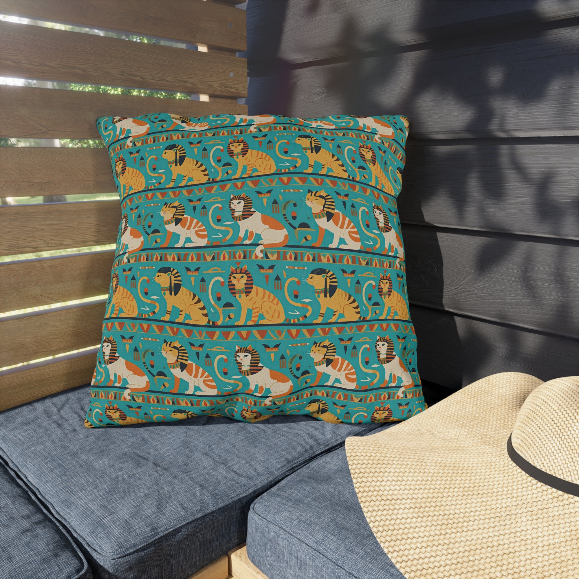 Outdoor Pillow - Horizontal Stripes of Golden Egyptian Cats and Intricate Hieroglyphs Form a Repeating and Historically Themed Border Pattern