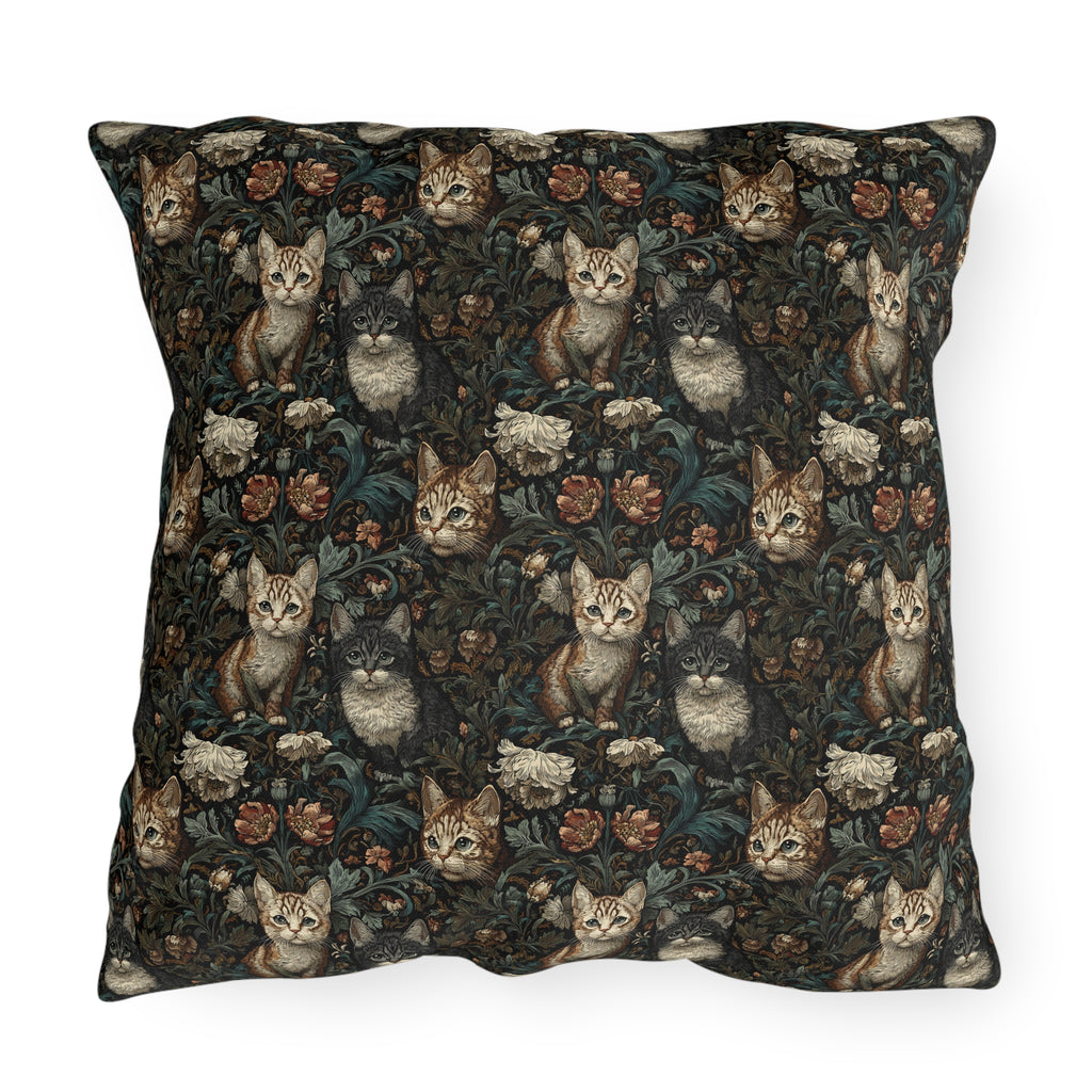 Outdoor Pillow - Brown Tabby Kittens Among Dark Green and Peach Floral Vines, Moody Vintage Style