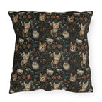 Outdoor Pillow - Brown Tabby Kittens Among Dark Green and Peach Floral Vines, Moody Vintage Style