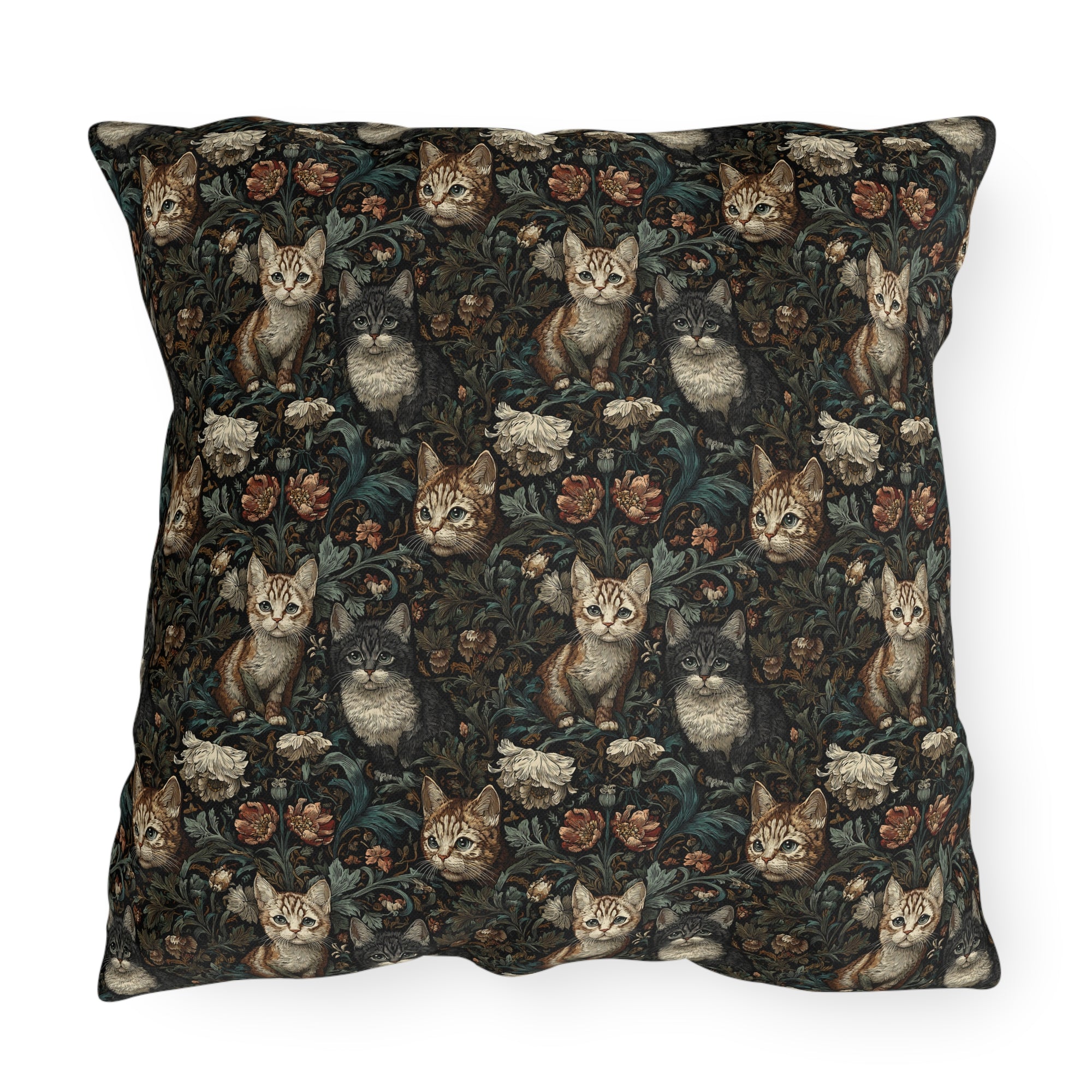 Outdoor Pillow - Brown Tabby Kittens Among Dark Green and Peach Floral Vines, Moody Vintage Style