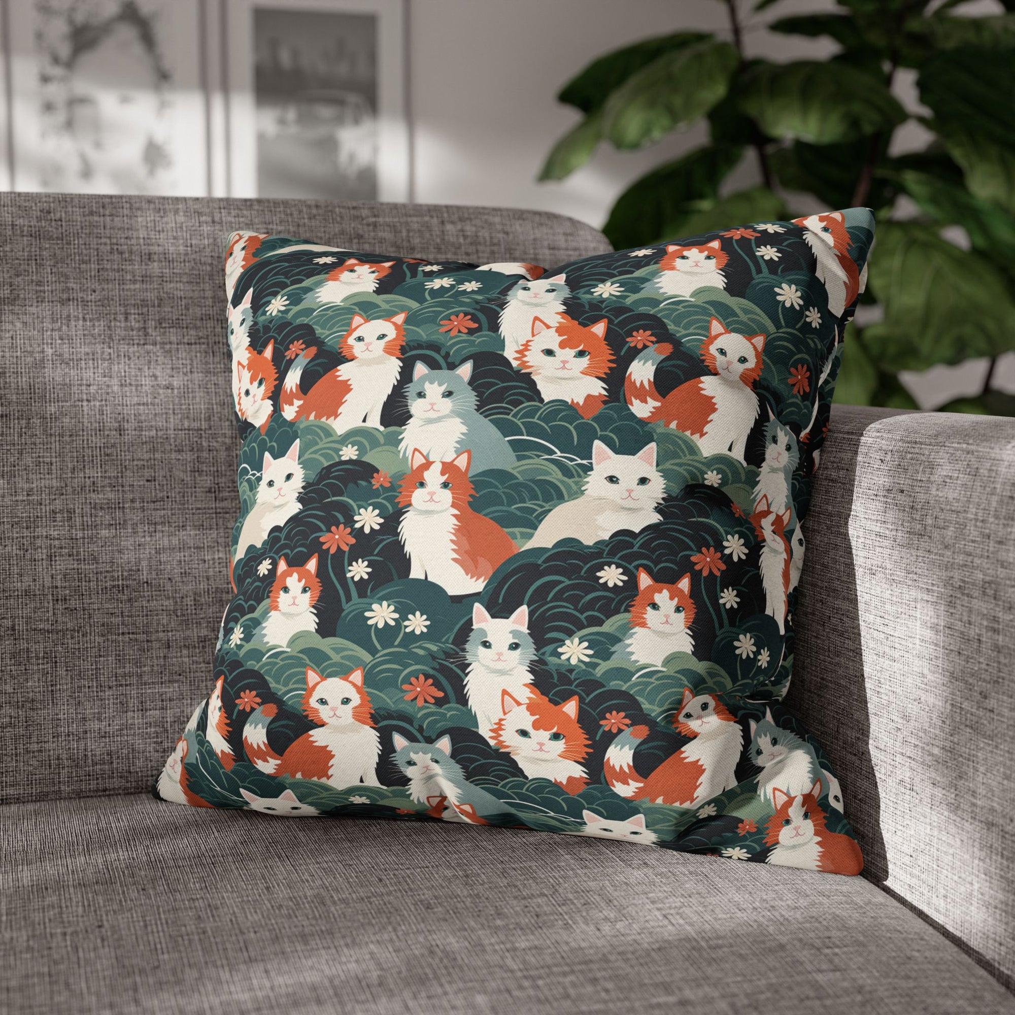 Square Pillowcase - A whimsical, fluffy, watercolor depiction of various cats of different colors peeking out from a dense dark blue and green bush with white flowers.