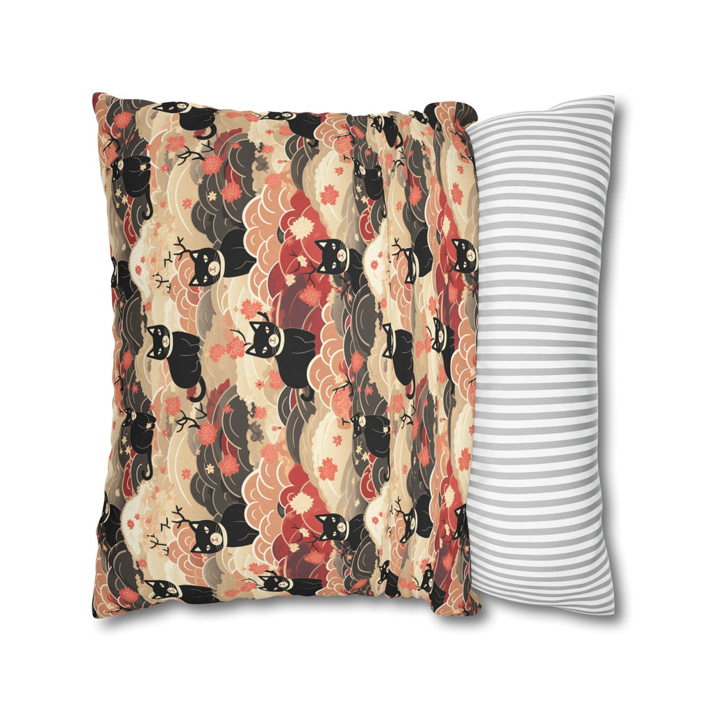 Square Pillowcase - A whimsical and enchanting Japanese-style pattern featuring cute black and orange cats nestled among vibrant orange blossoms and soft, cloudy backgrounds.