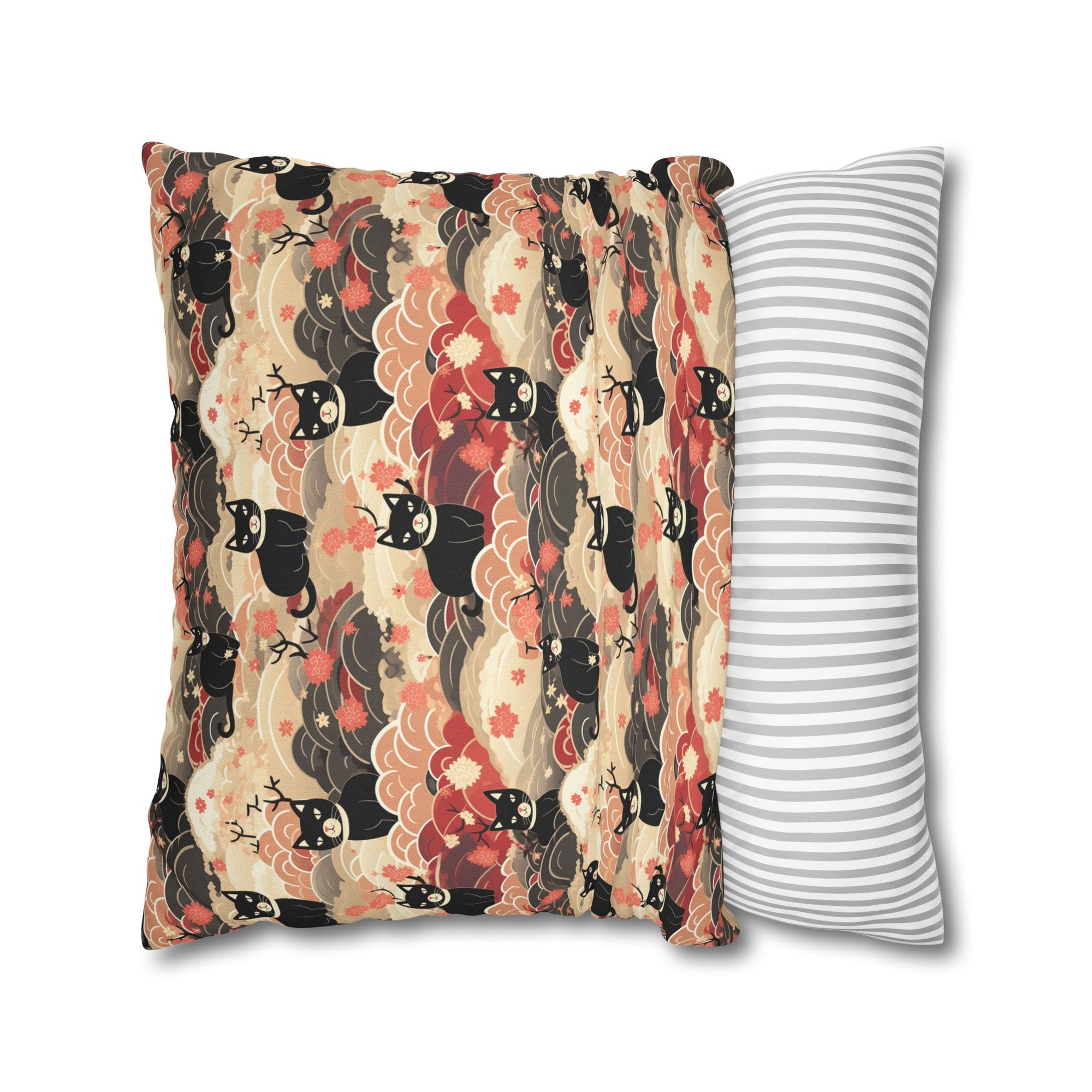 Square Pillowcase - A whimsical and enchanting Japanese-style pattern featuring cute black and orange cats nestled among vibrant orange blossoms and soft, cloudy backgrounds.