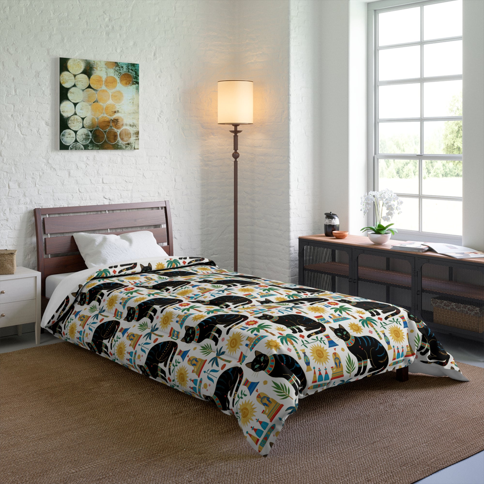 Comforter - Majestic Black Egyptian Cats with Vibrant Adornments and Desert Motifs Create a Striking and Culturally Rich Design