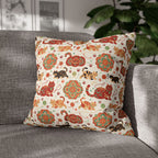 Square Pillowcase - Vibrant boho chic cats and mandalas, colorful folk art style, playful felines with yarn and paw prints, artistic and bohemian cat design, cream background, unique animal print