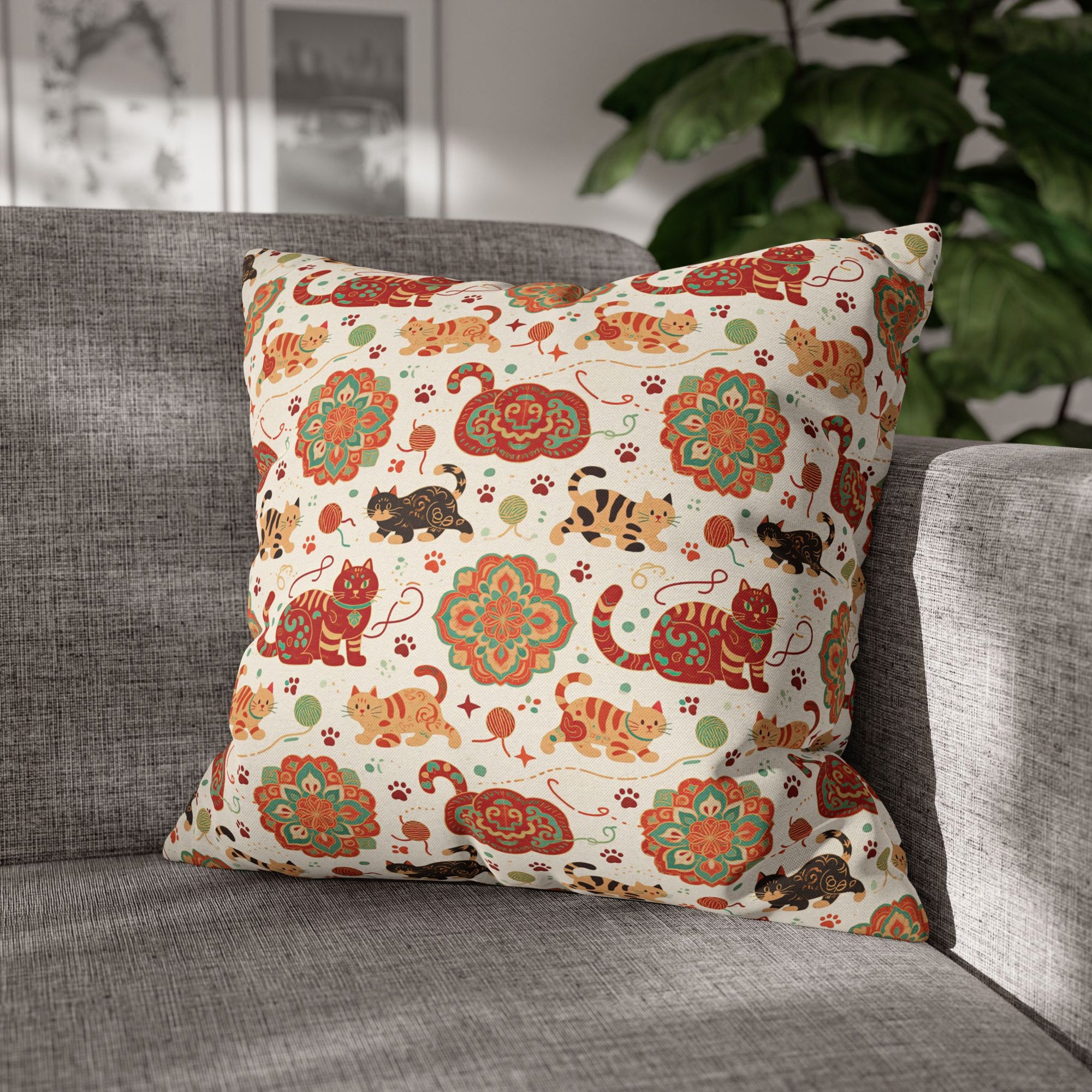 Square Pillowcase - Vibrant boho chic cats and mandalas, colorful folk art style, playful felines with yarn and paw prints, artistic and bohemian cat design, cream background, unique animal print