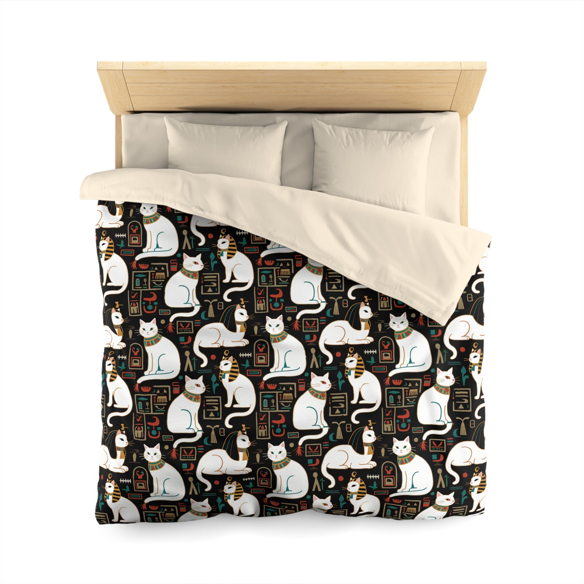 Duvet Cover - Regal White Egyptian Cats with Ornate Collars and Ancient Symbols Adorn this Historically Inspired and Mystical Pattern