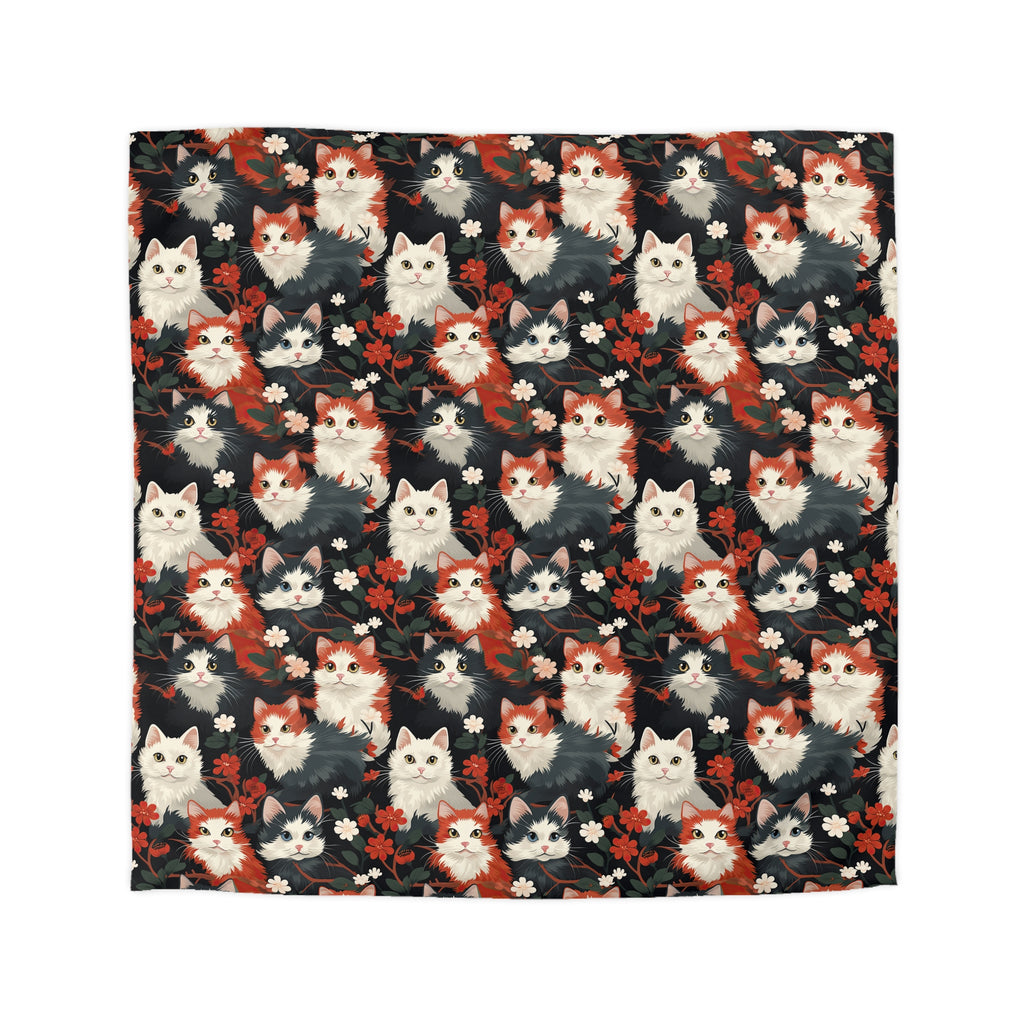 Duvet Cover - A detailed and ornate Victorian-style pattern featuring a tight grouping of fluffy cats of various colors surrounded by black and red flowers and leaves.