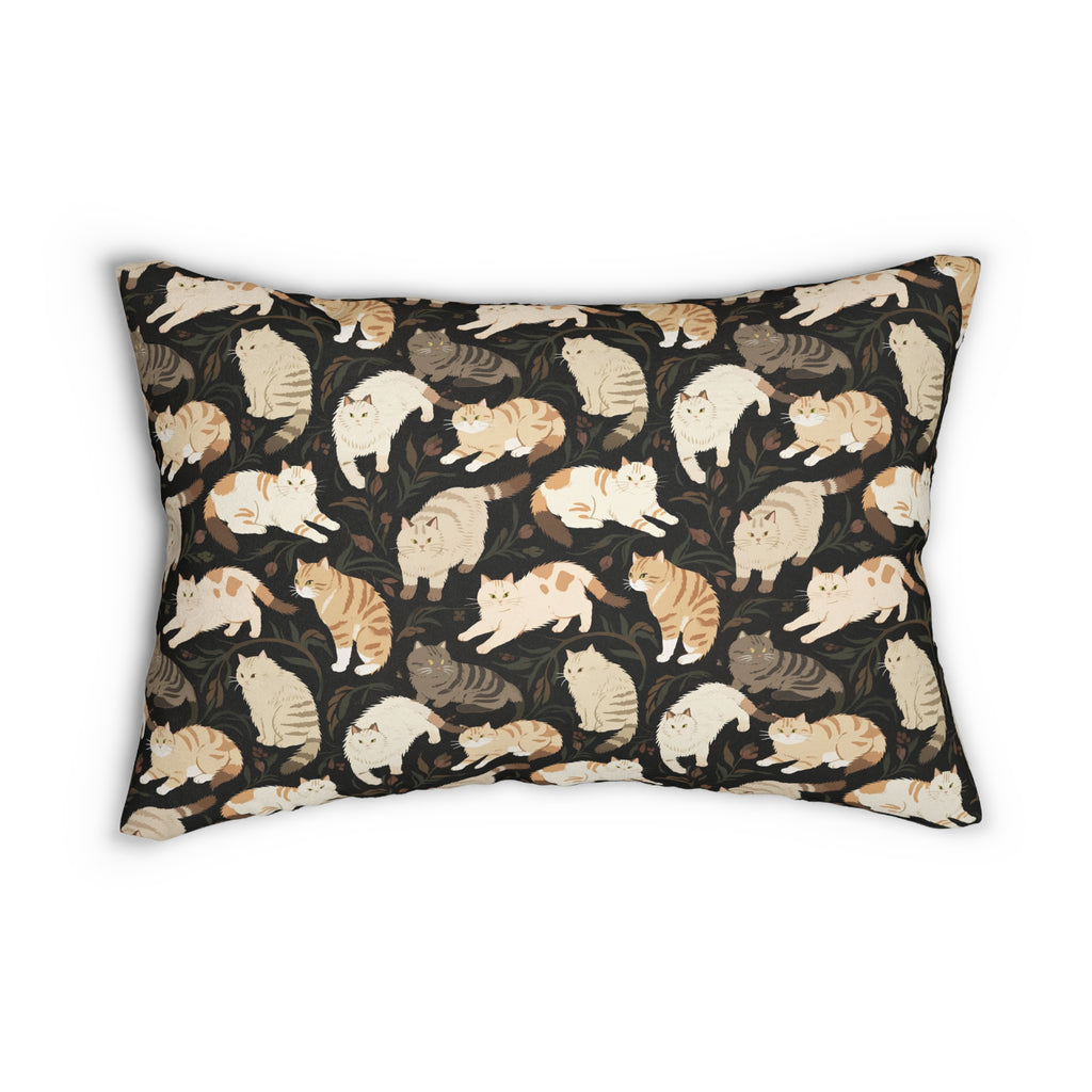 Indoor Lumbar Pillow - Earthy Toned Cats Lounge and Play Amidst Dark Foliage in a Serene and Naturally Inspired Seamless Pattern Design