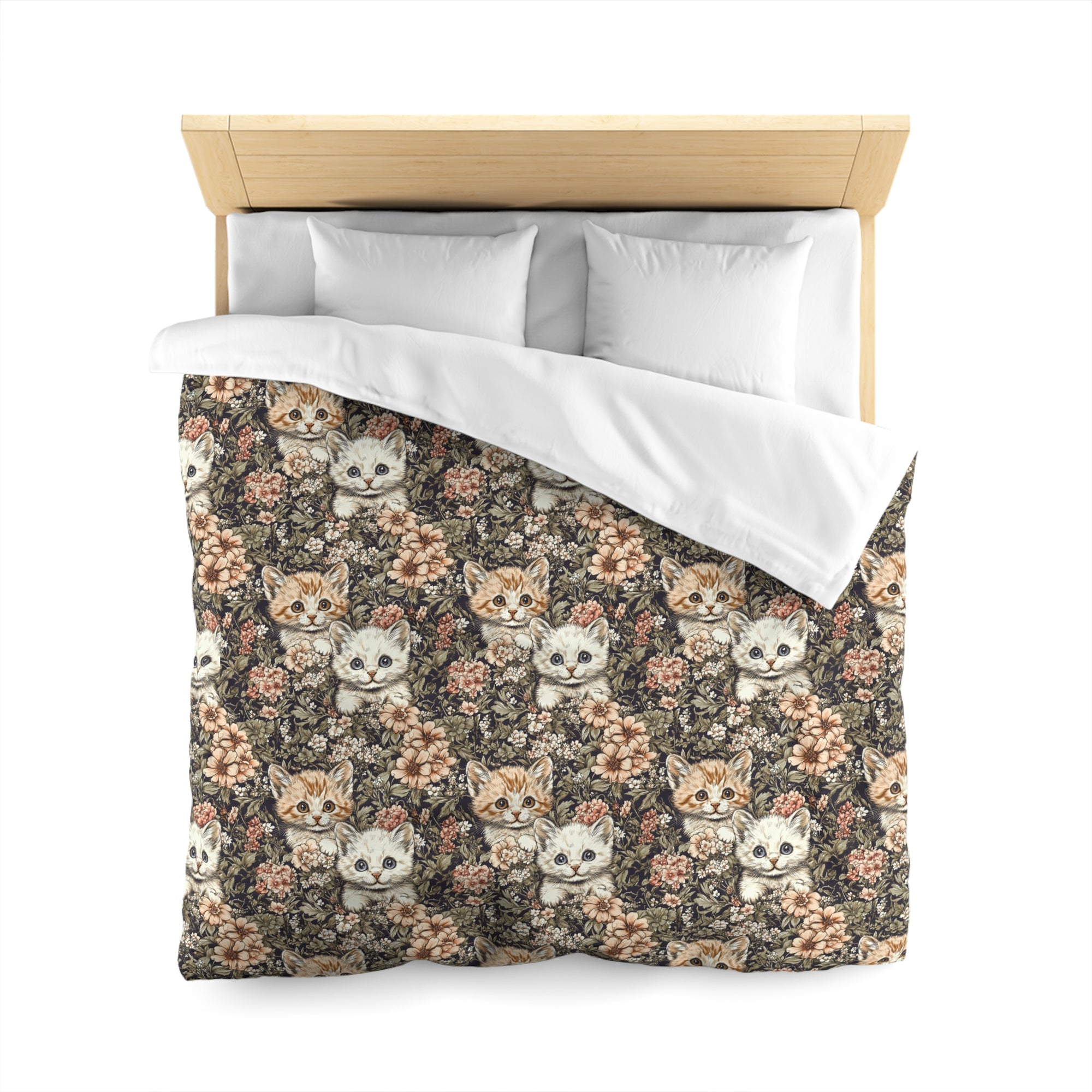 Duvet Cover - Peach and White Kittens in Dark Floral Garden, Vintage Style, Sweet and Charming Scene