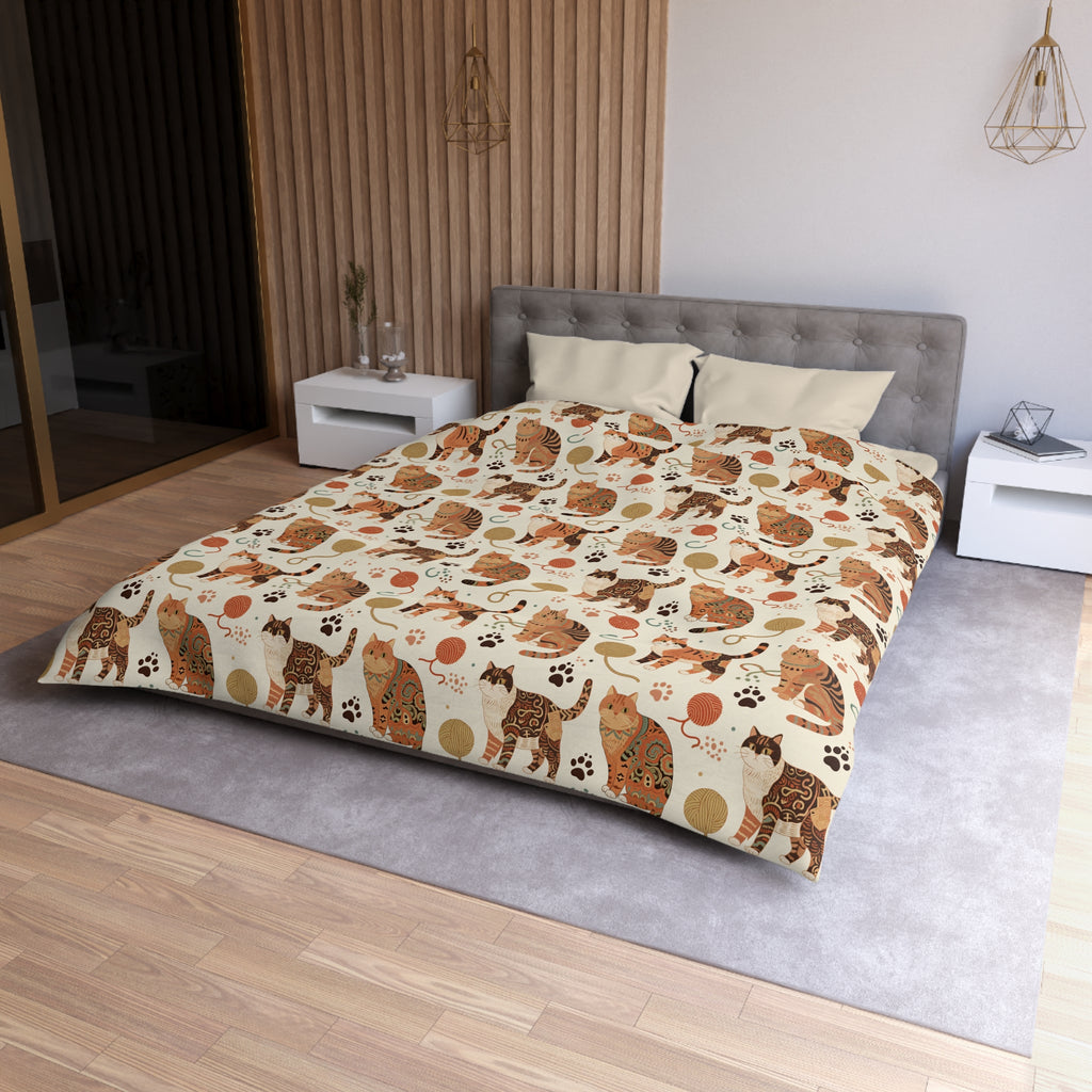 Duvet Cover - Artistic patterned cats in warm earth tones, unique tribal and folk art designs, playful felines with yarn and paw prints, bohemian animal print, cream background, creative cat art
