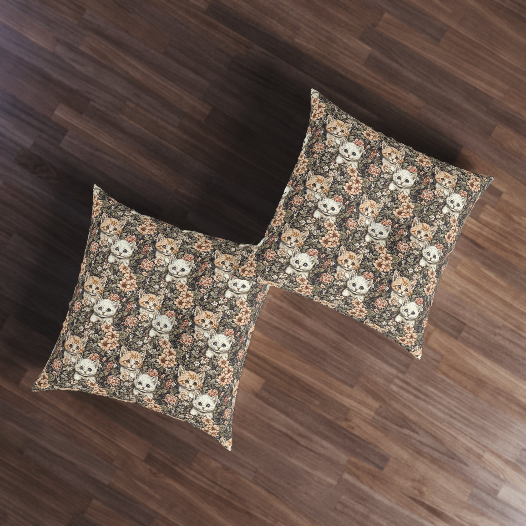 Indoor Square Floor Pillow - Peach and White Kittens in Dark Floral Garden, Vintage Style, Sweet and Charming Scene