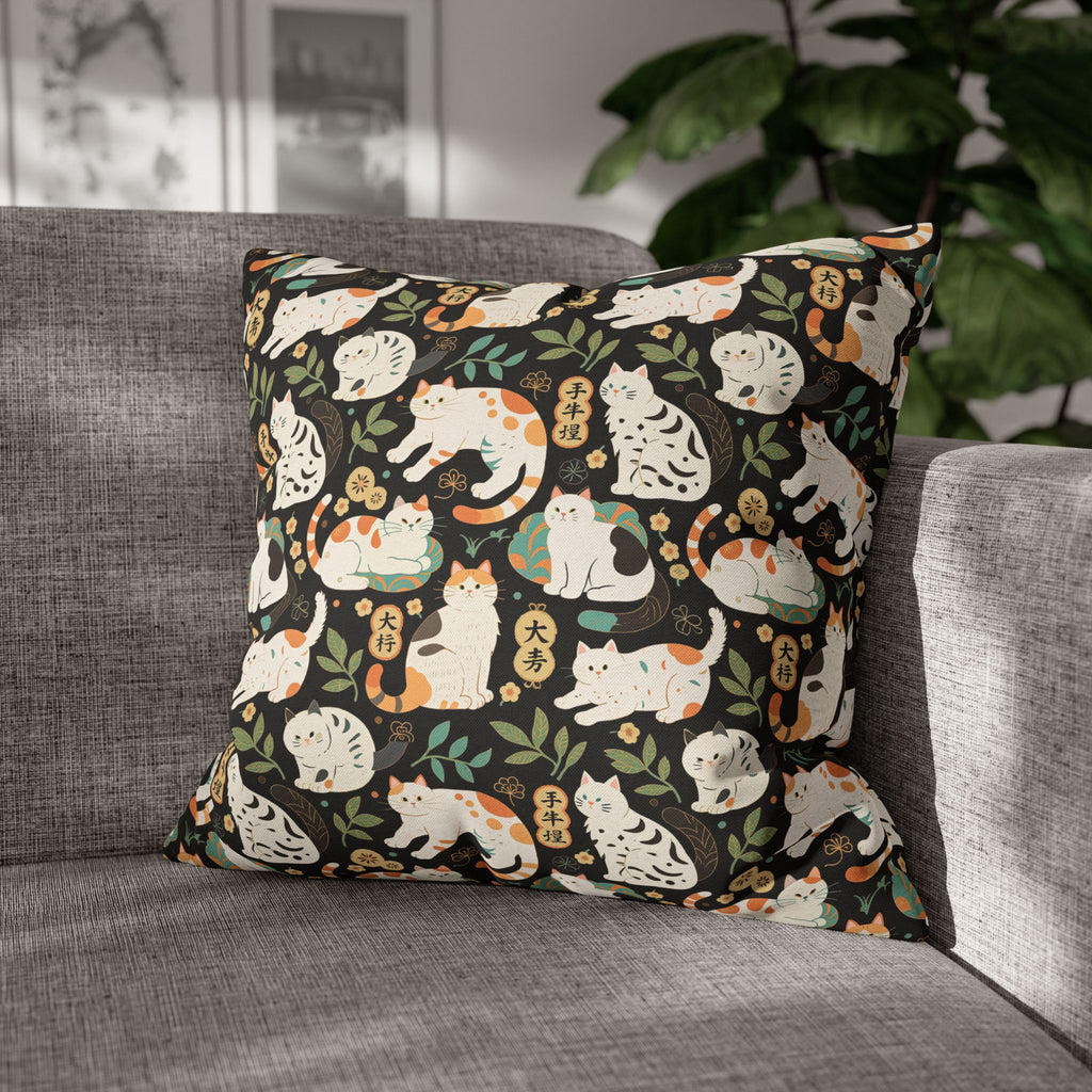 Square Pillowcase - Traditional Japanese Maneki-Neko Cats and Auspicious Symbols Grace a Dark Background in this Fortunate Pattern