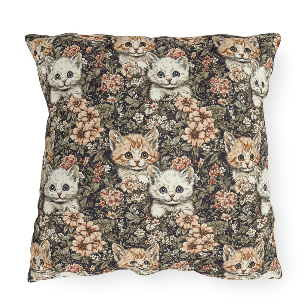 Outdoor Pillow - Peach and White Kittens in Dark Floral Garden, Vintage Style, Sweet and Charming Scene