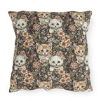 Outdoor Pillow - Peach and White Kittens in Dark Floral Garden, Vintage Style, Sweet and Charming Scene