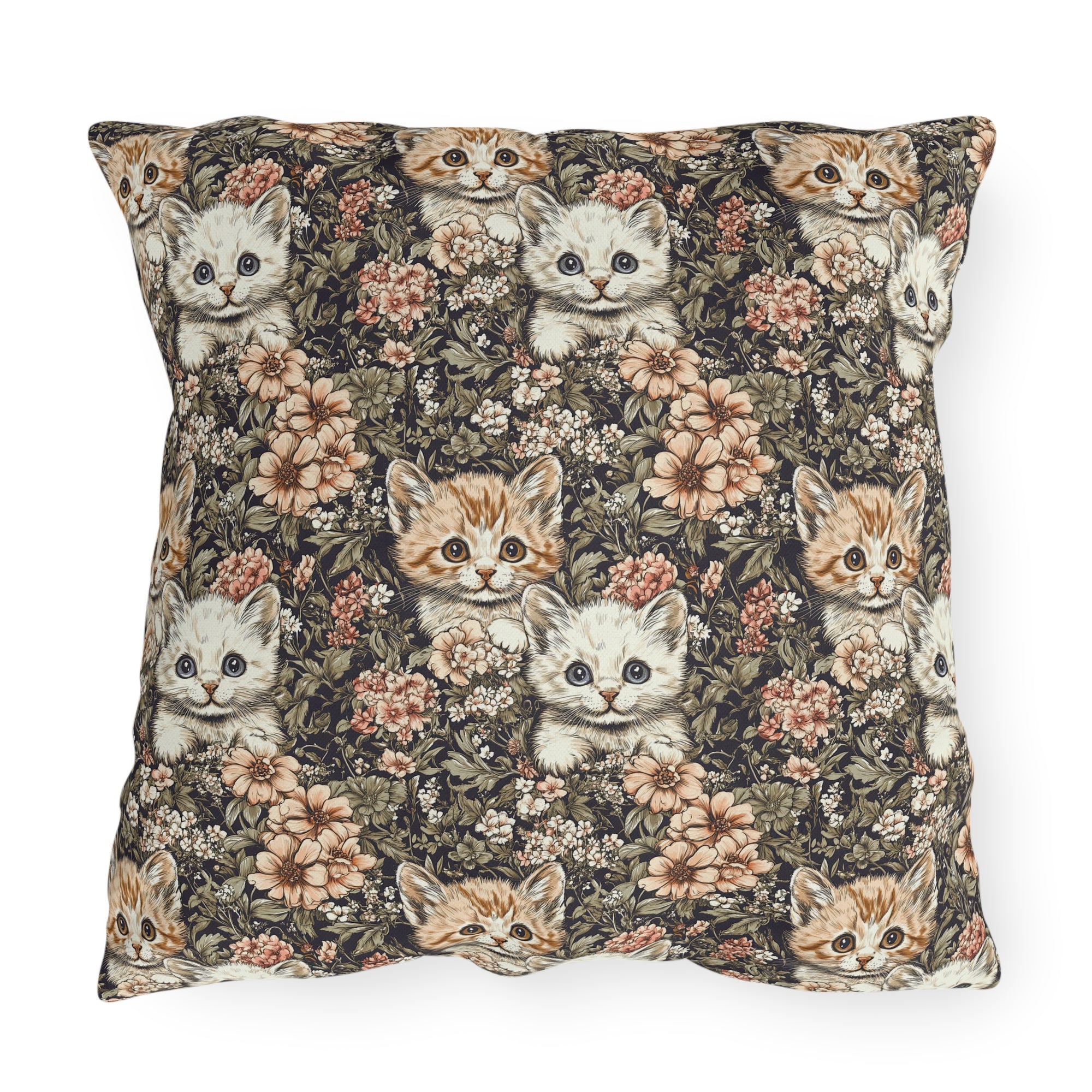 Outdoor Pillow - Peach and White Kittens in Dark Floral Garden, Vintage Style, Sweet and Charming Scene