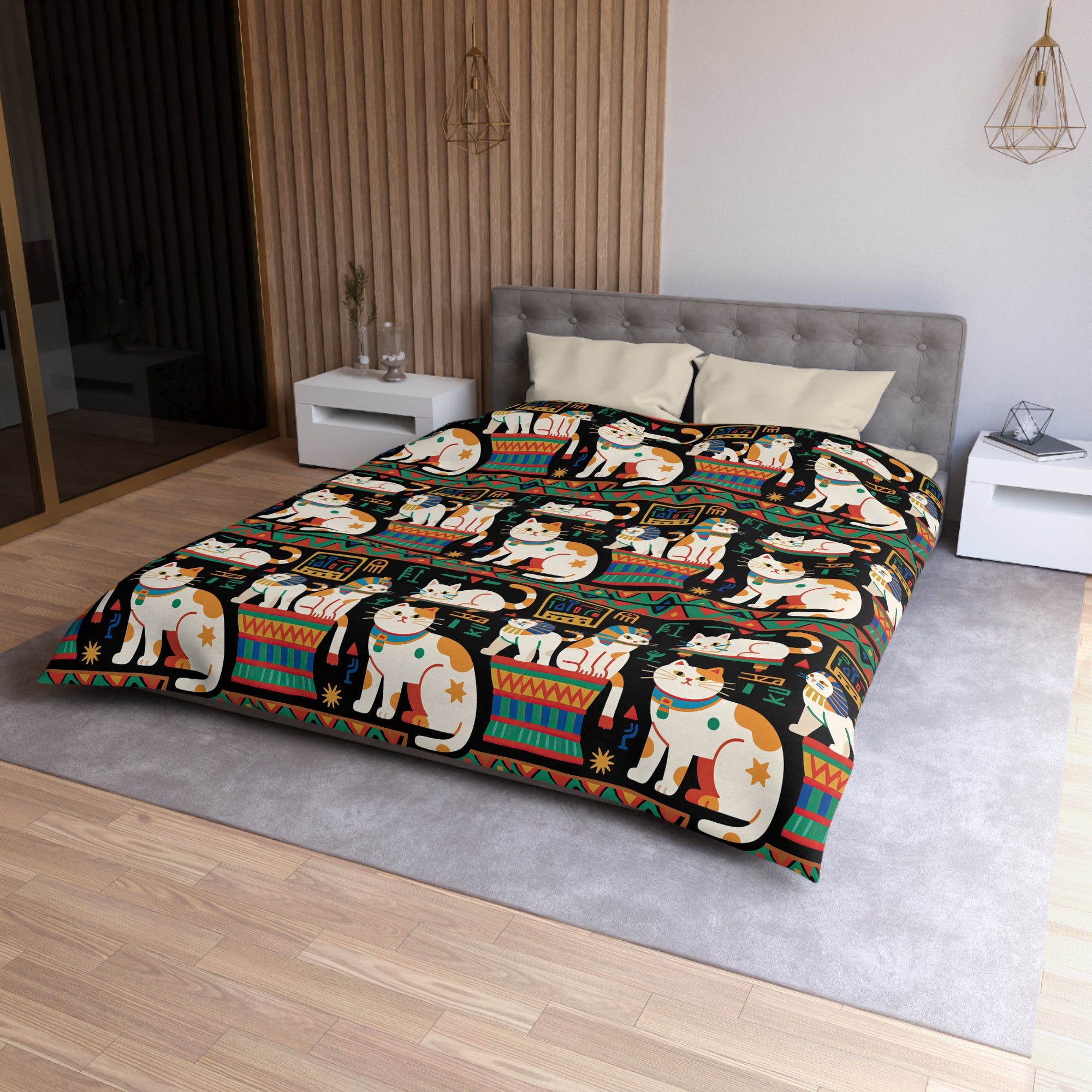 Duvet Cover - Ancient Egyptian Felines with Hieroglyphs and Colorful Borders Adorn this Playful and Culturally Rich Cat Pattern
