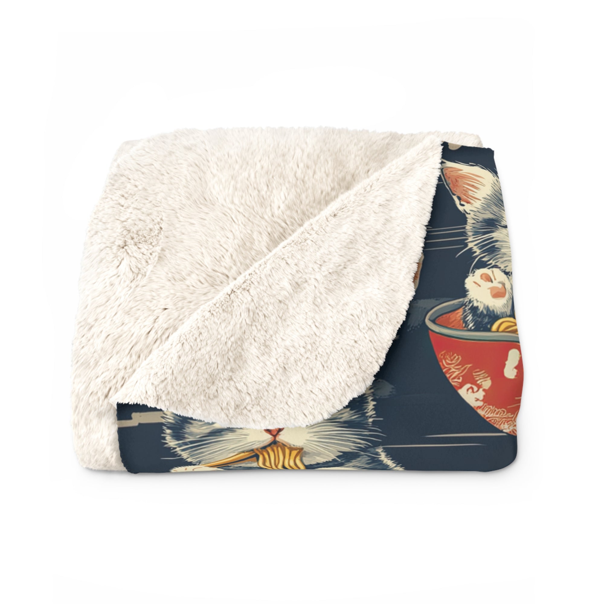 Sherpa Blanket - A charming and detailed illustration of happy kittens in red ramen bowls eating their noodles with chopsticks among beautiful pink cherry blossoms on a dark background.