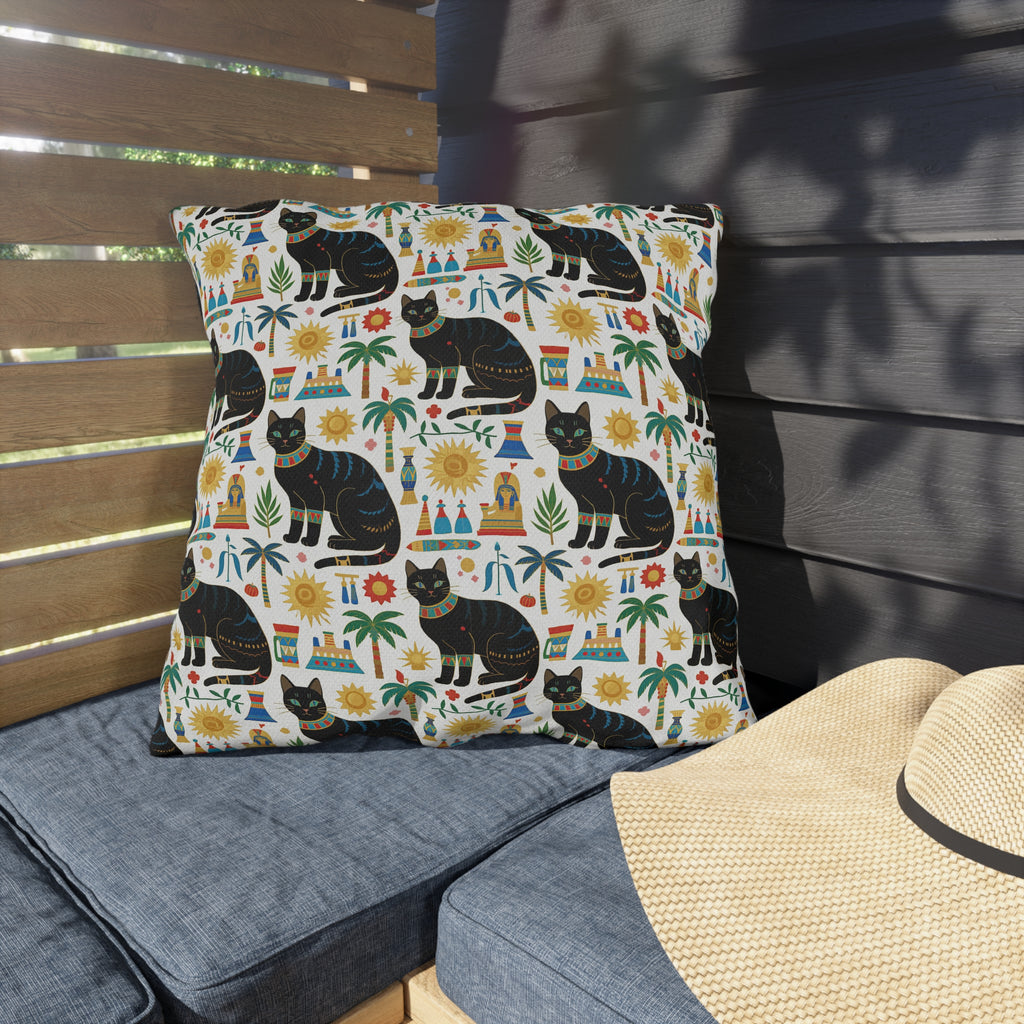 Outdoor Pillow - Majestic Black Egyptian Cats with Vibrant Adornments and Desert Motifs Create a Striking and Culturally Rich Design