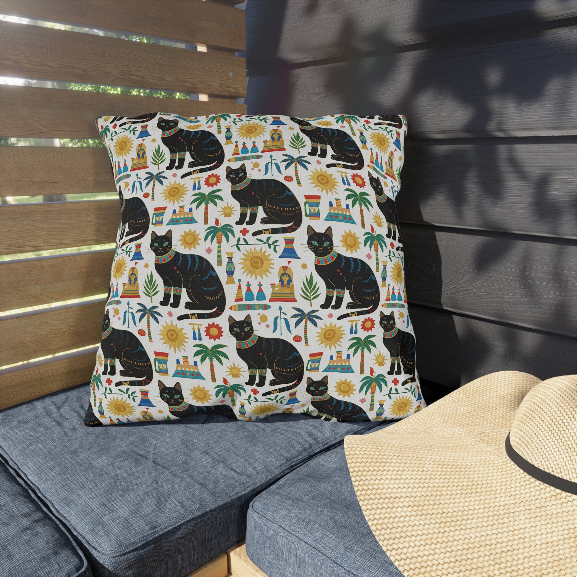 Outdoor Pillow - Majestic Black Egyptian Cats with Vibrant Adornments and Desert Motifs Create a Striking and Culturally Rich Design