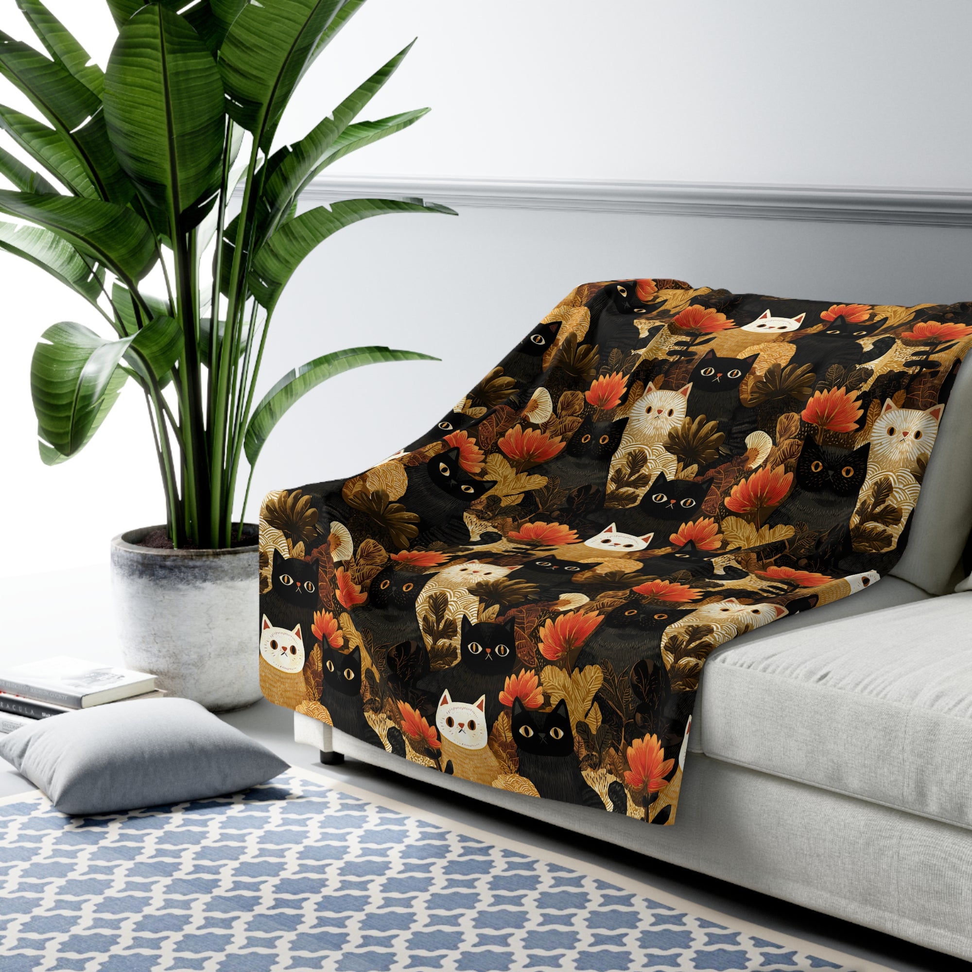 Sherpa Blanket - A dark and fantastical illustrative painting of many different cats and plants, creating a dense, mysterious, and golden jungle or forest scene.