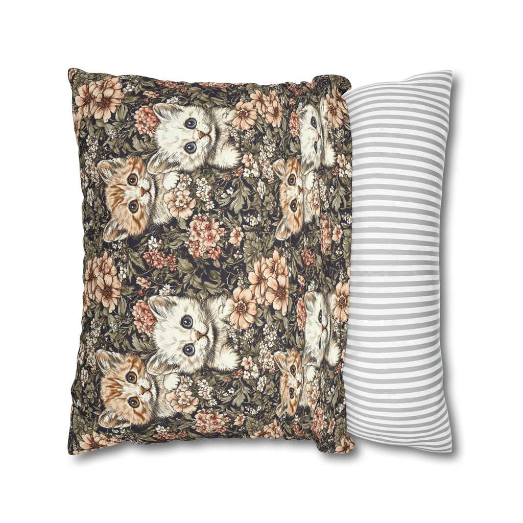 Square Pillowcase - Peach and White Kittens in Dark Floral Garden, Vintage Style, Sweet and Charming Scene