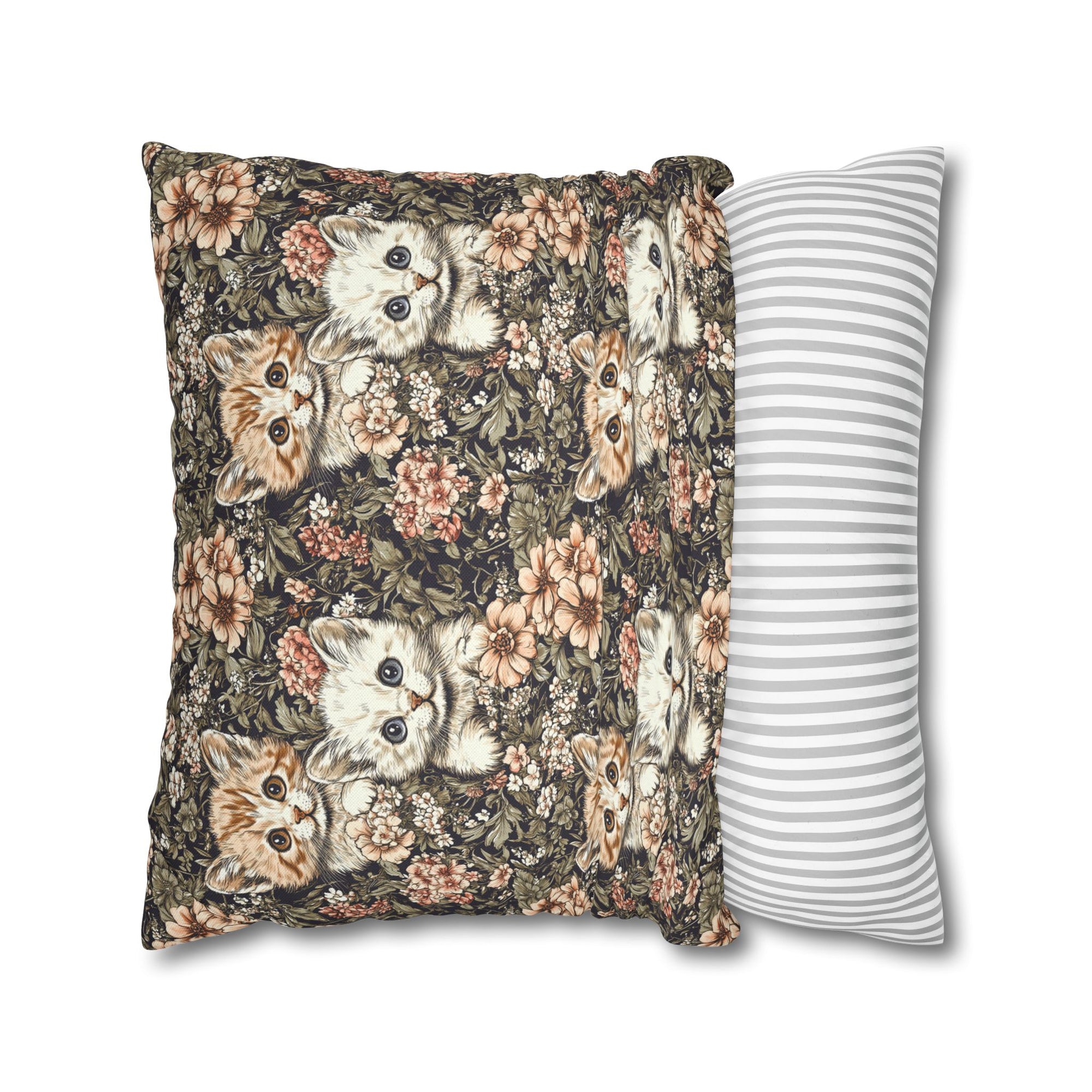 Square Pillowcase - Peach and White Kittens in Dark Floral Garden, Vintage Style, Sweet and Charming Scene