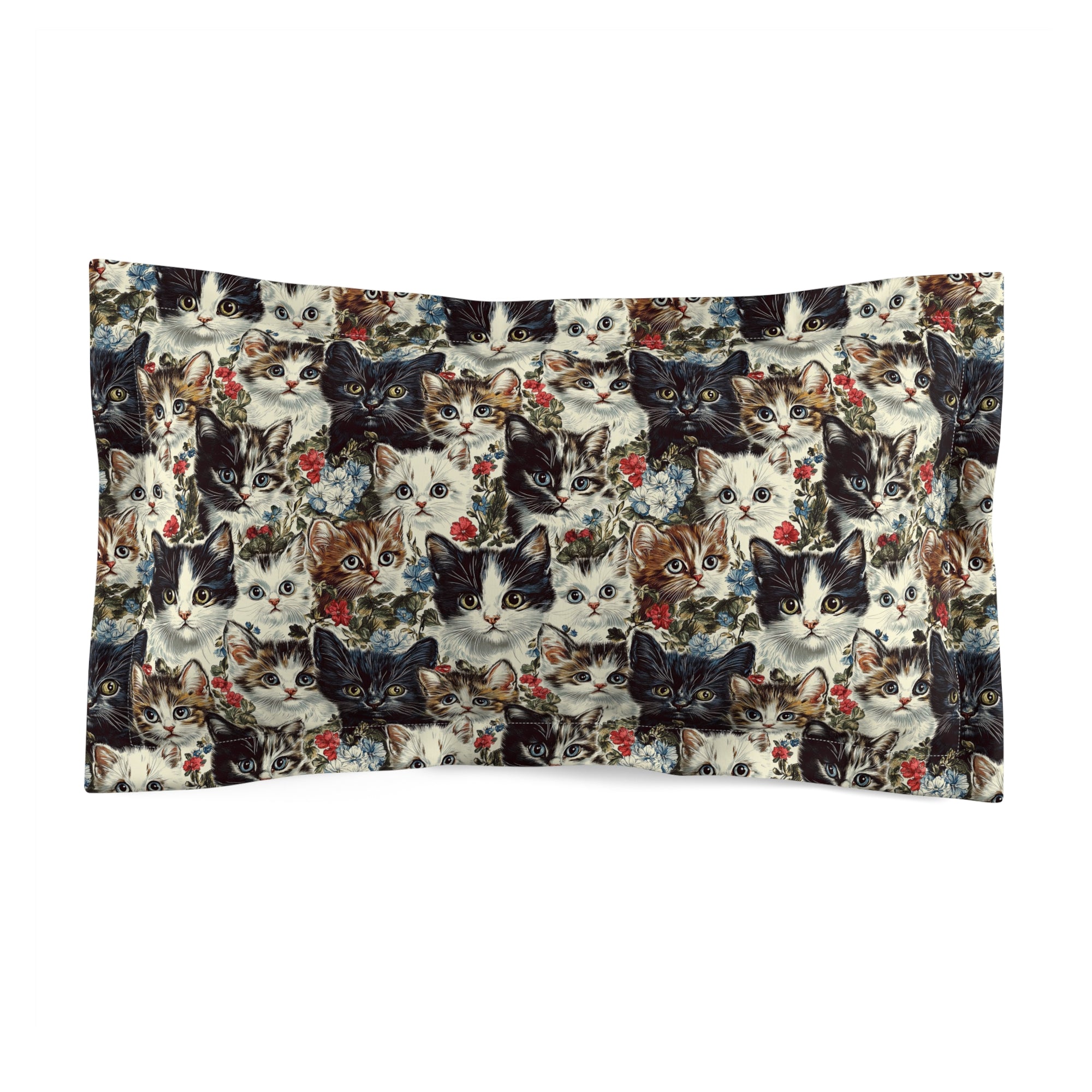 Pillow Sham - Colorful Kitten Faces with Red and Blue Flowers, Whimsical and Bright, Pattern Design