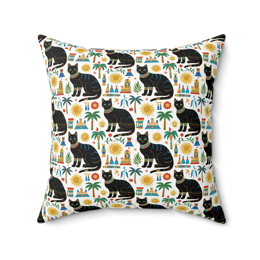 Indoor Square Pillow - Majestic Black Egyptian Cats with Vibrant Adornments and Desert Motifs Create a Striking and Culturally Rich Design