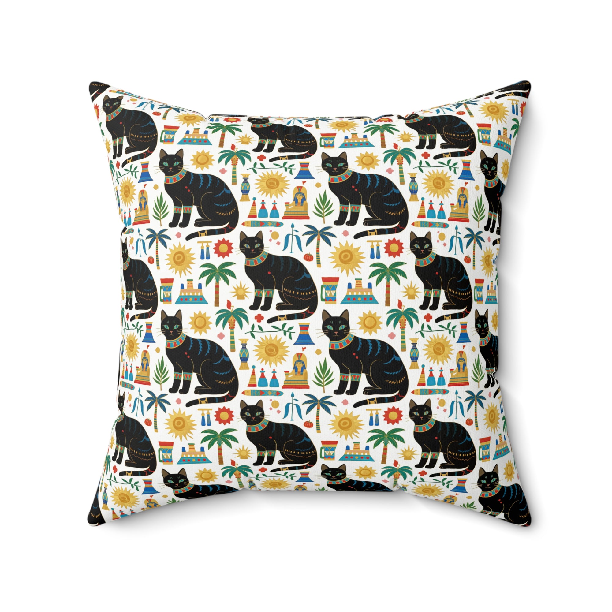 Indoor Square Pillow - Majestic Black Egyptian Cats with Vibrant Adornments and Desert Motifs Create a Striking and Culturally Rich Design
