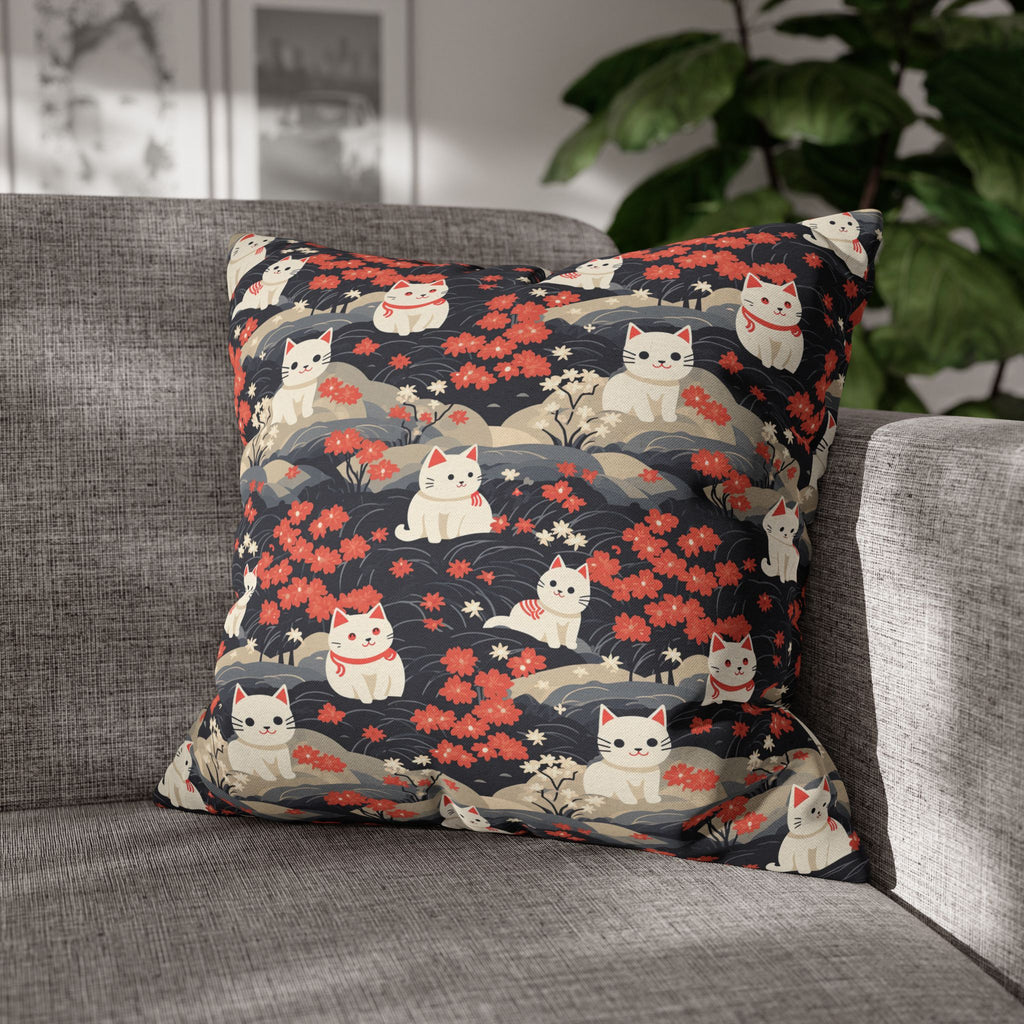 Square Pillowcase - A charming, minimalist, Japanese-style illustration of cute white cats sitting amongst vibrant red and white flowers on a dark background.