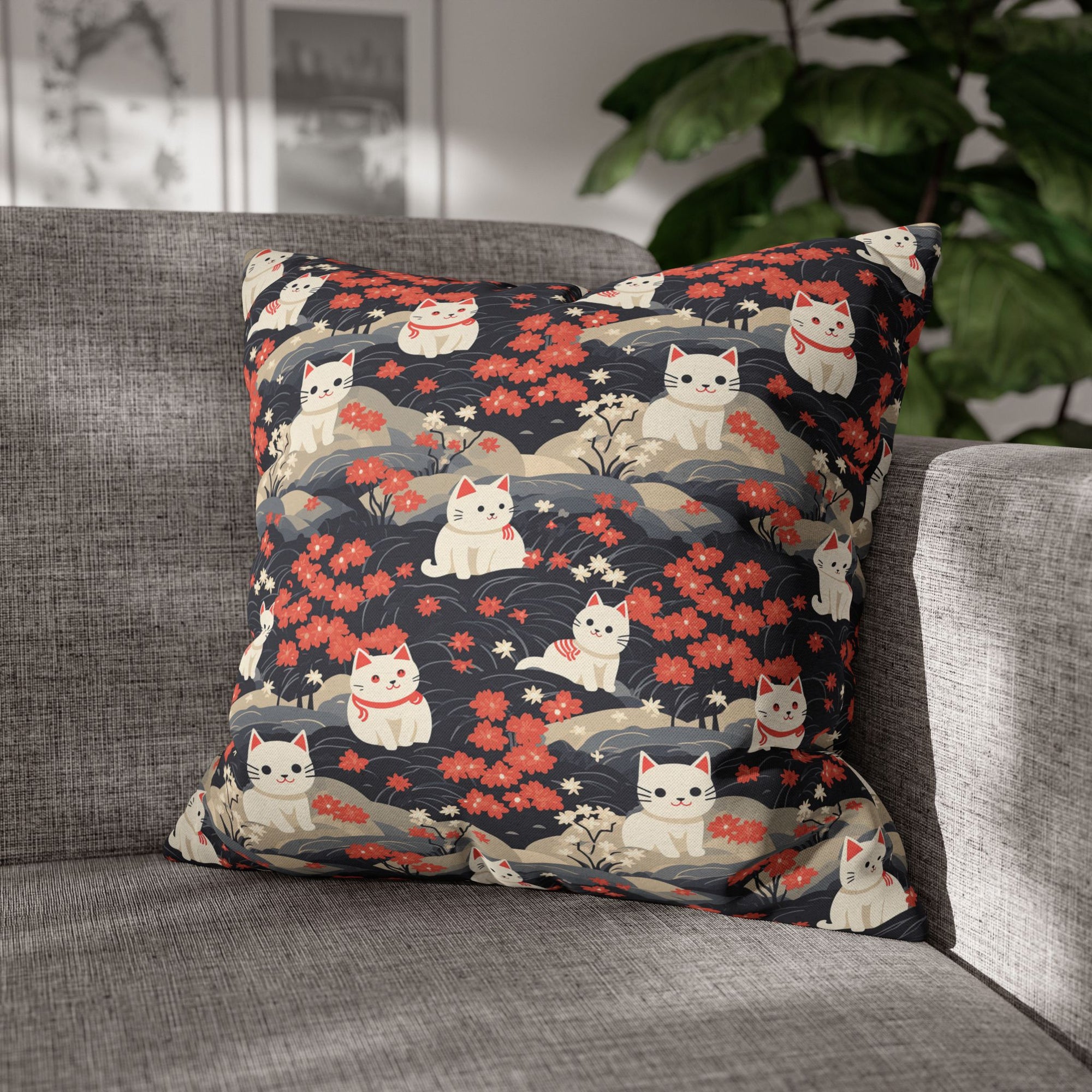 Square Pillowcase - A charming, minimalist, Japanese-style illustration of cute white cats sitting amongst vibrant red and white flowers on a dark background.
