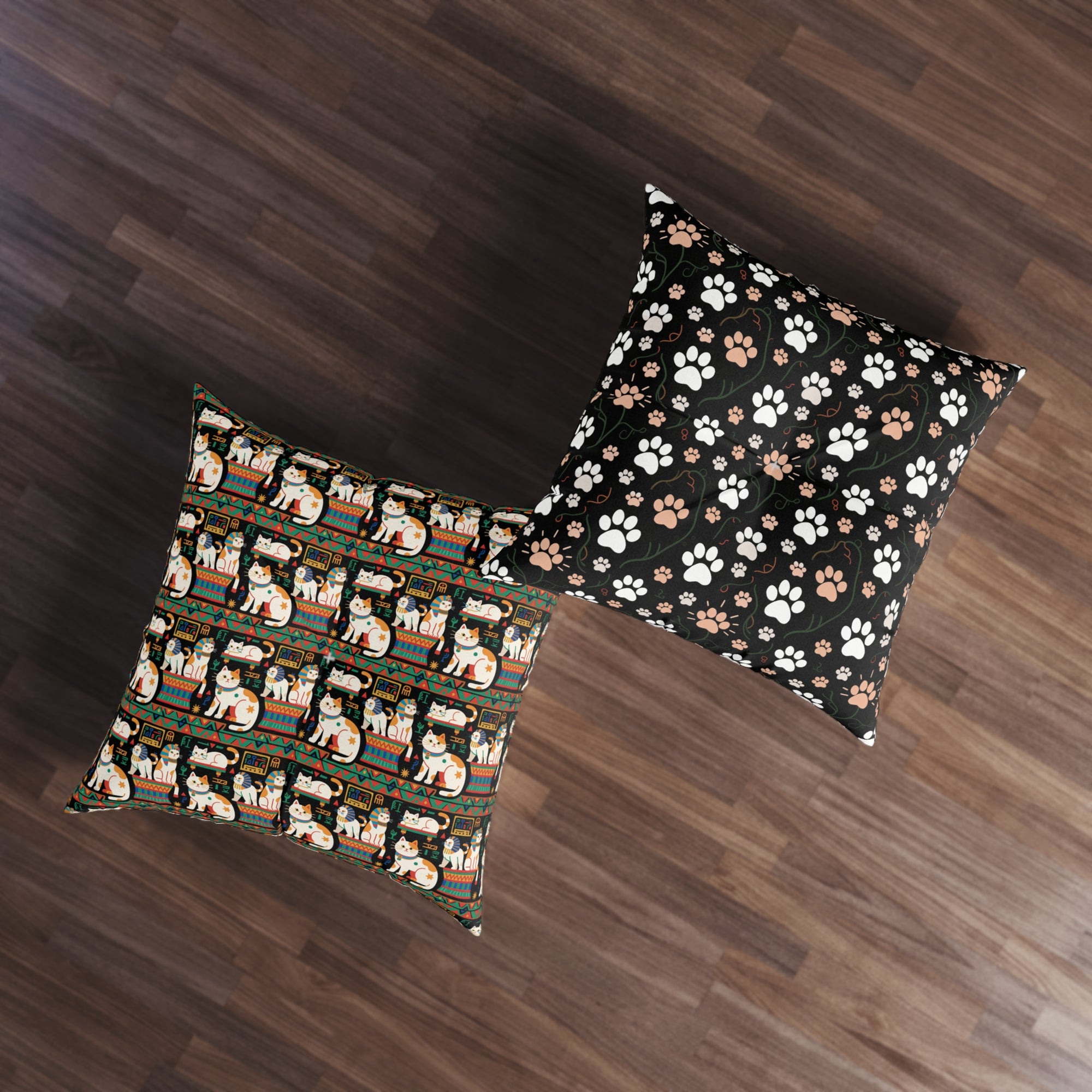 Indoor Square Floor Pillow - Ancient Egyptian Felines with Hieroglyphs and Colorful Borders Adorn this Playful and Culturally Rich Cat Pattern