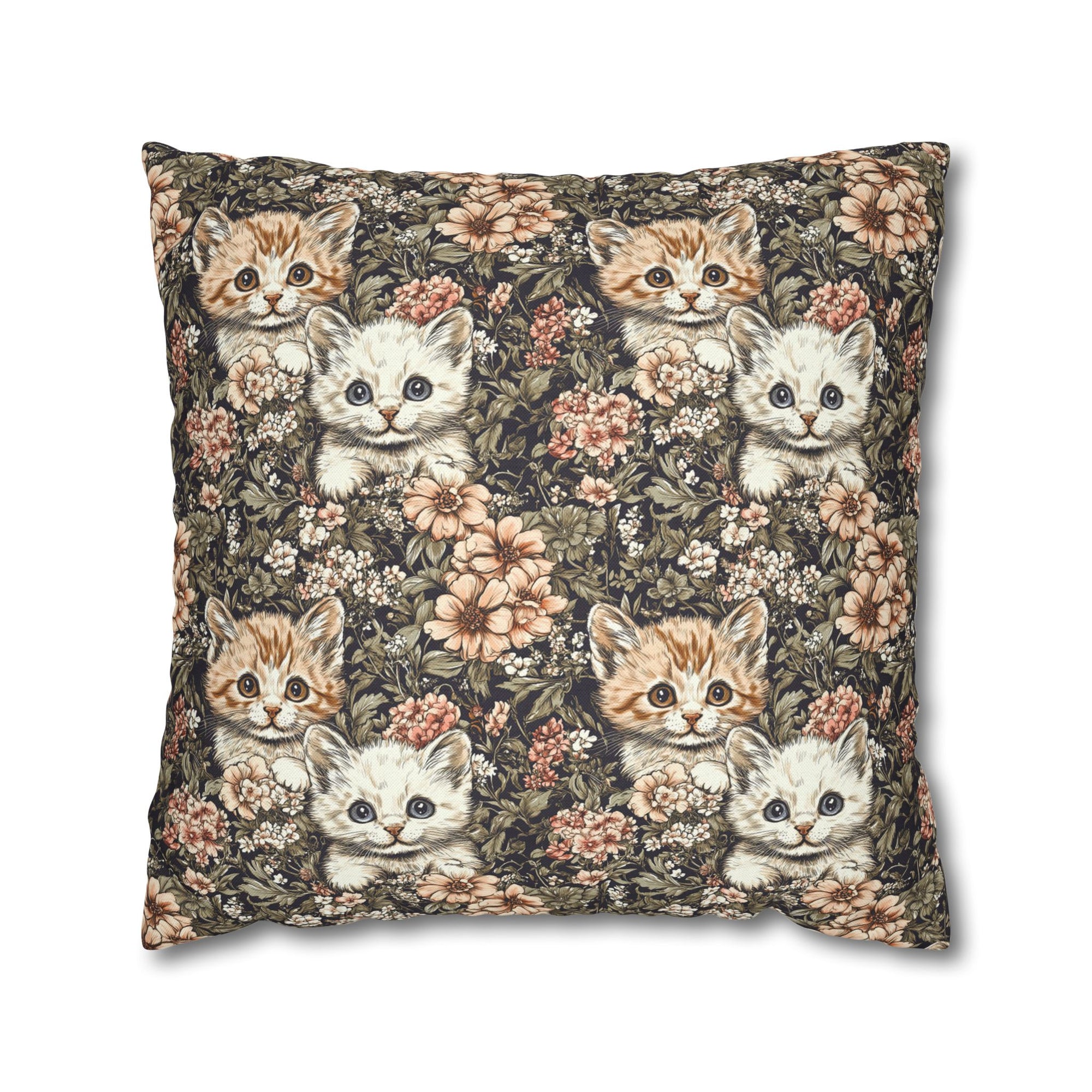 Square Pillowcase - Peach and White Kittens in Dark Floral Garden, Vintage Style, Sweet and Charming Scene