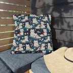 Outdoor Pillow - A lovely, playful, Japanese-inspired illustration of sweet white cats sitting on rolling blue waves with red and white flowers and gentle clouds.