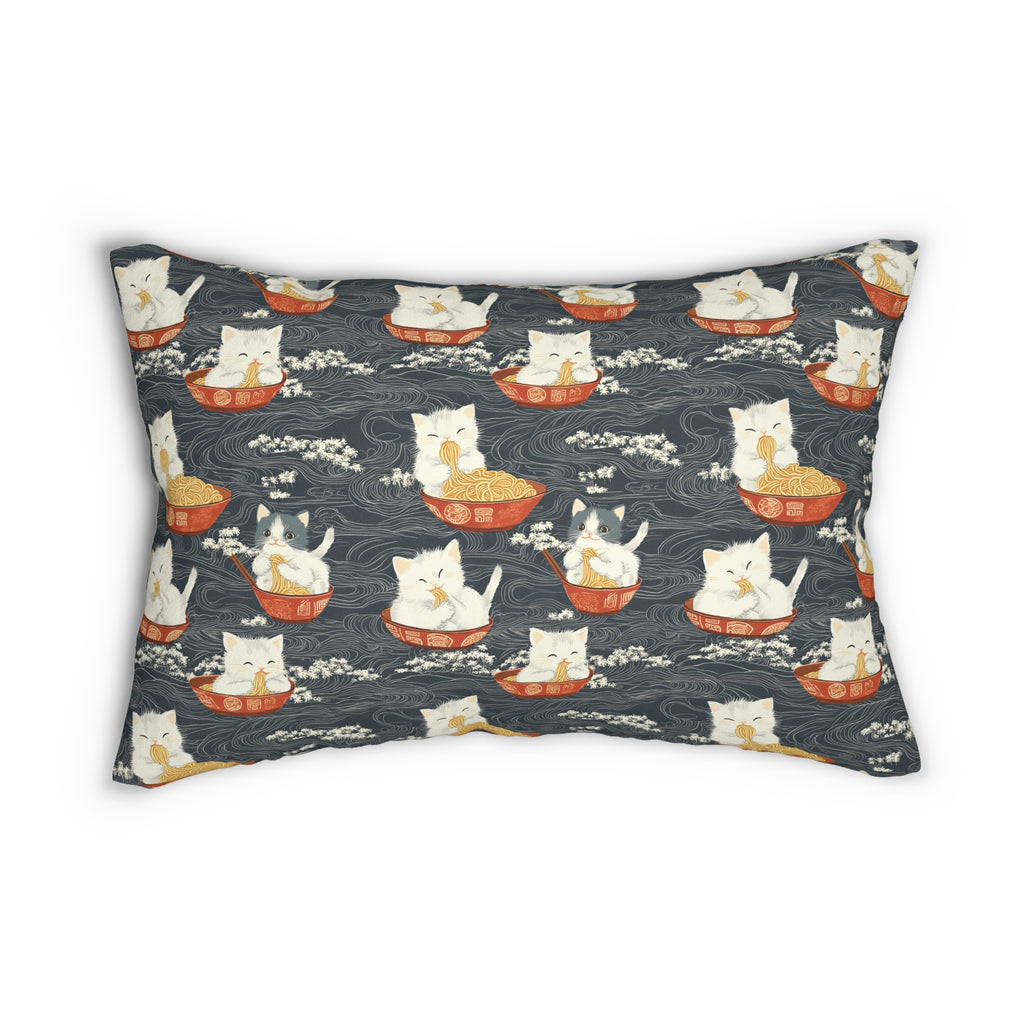 Indoor Lumbar Pillow - An adorable and cute pattern of baby cats happily eating steaming ramen noodles from traditional red and white bowls with beautiful white floral elements surrounding them.