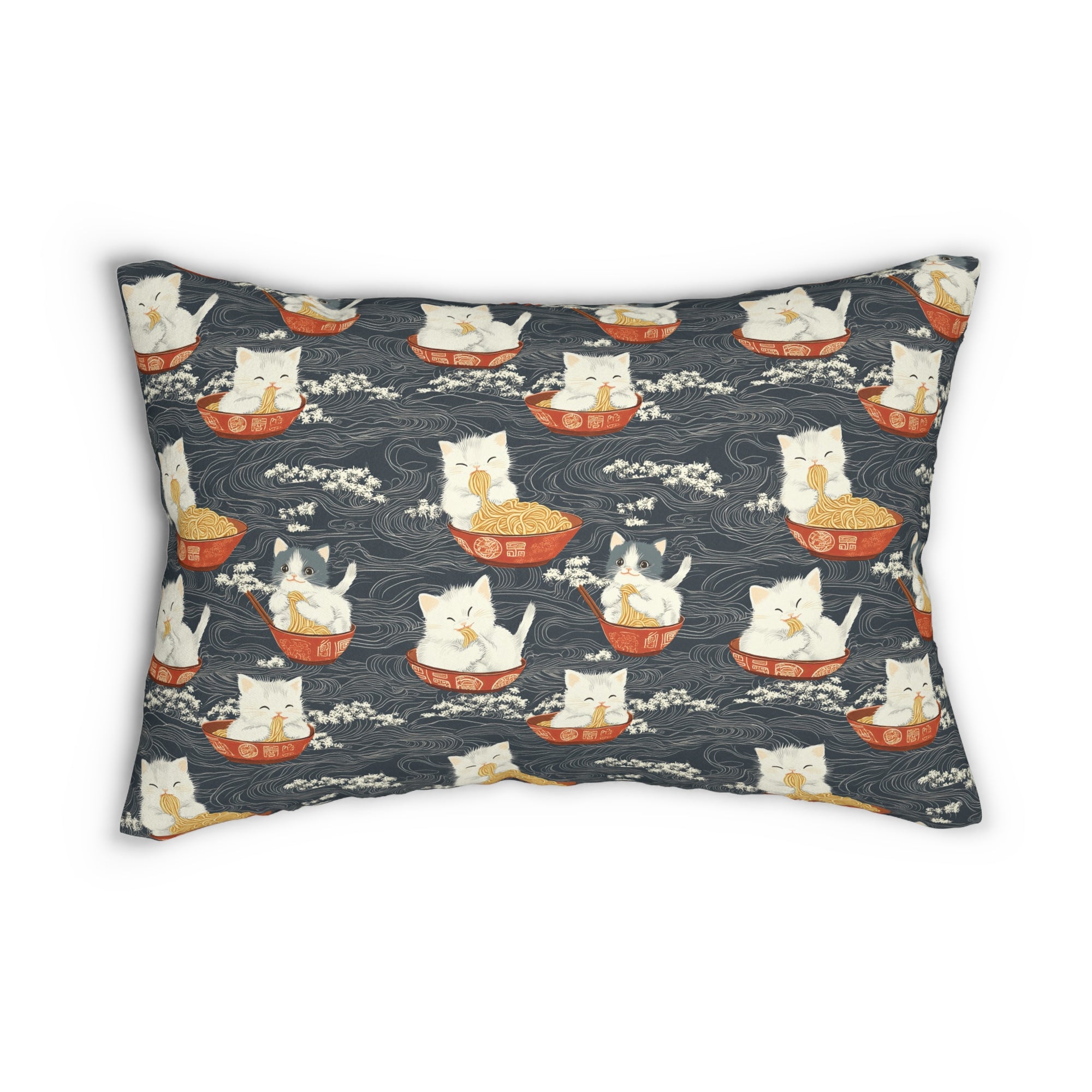 Indoor Lumbar Pillow - An adorable and cute pattern of baby cats happily eating steaming ramen noodles from traditional red and white bowls with beautiful white floral elements surrounding them.