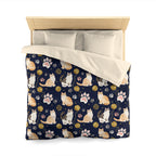 Duvet Cover - Charming cats and golden yarn playful design, cute kittens with paw prints, whimsical animal art for cat lovers, dark blue background, delightful pet themed illustration